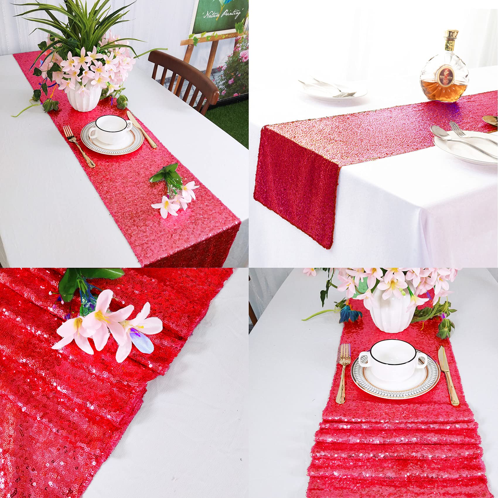 12 Packs 12 X 72 Inch Red Sequin Table Runner Glitter Dining Table Runner For Birthday Wedding Engagement Bridal Baby Shower Bac