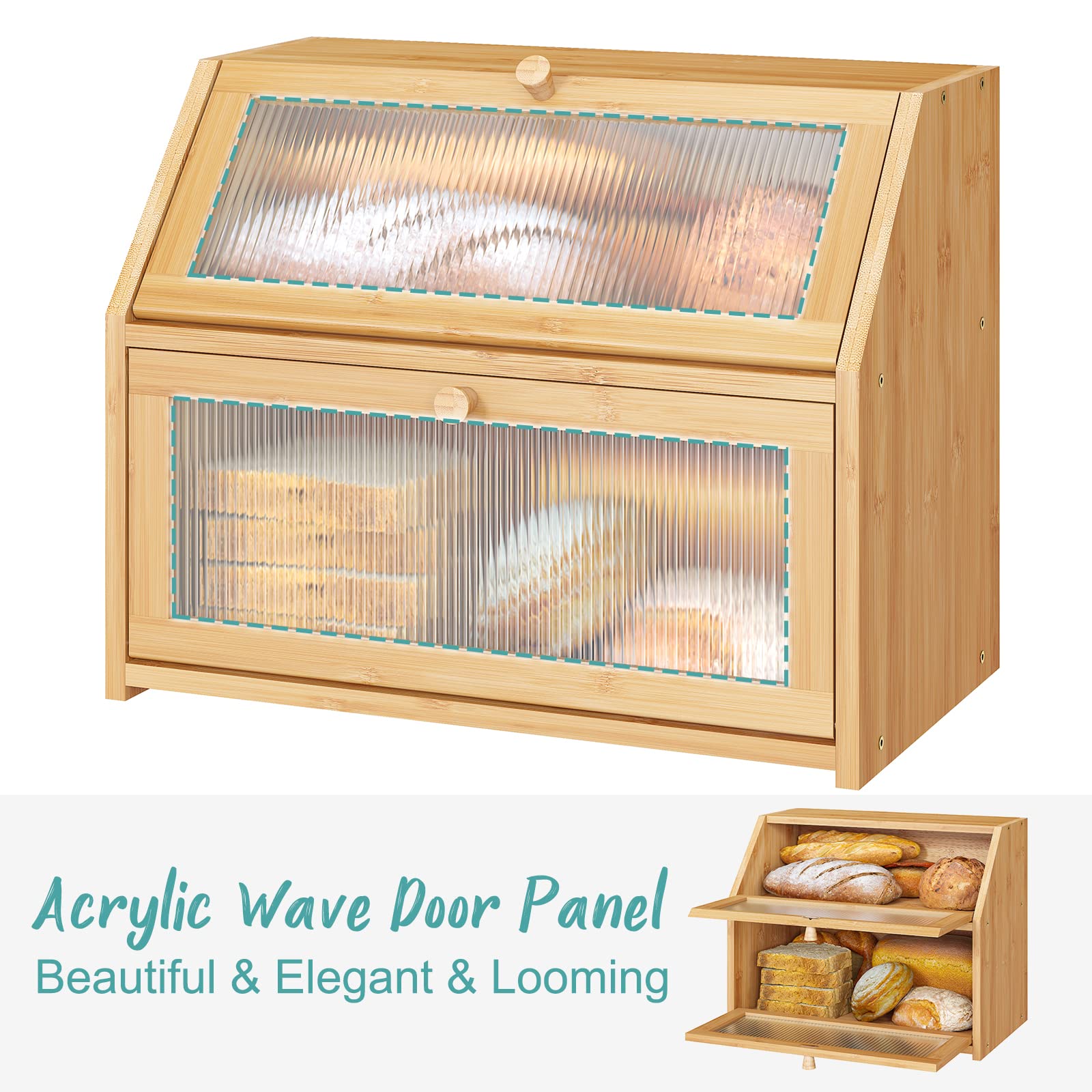 Vriccc Large Bamboo Bread Box, Double Layer Wooden Storage, Natural Color, Model WC-CH