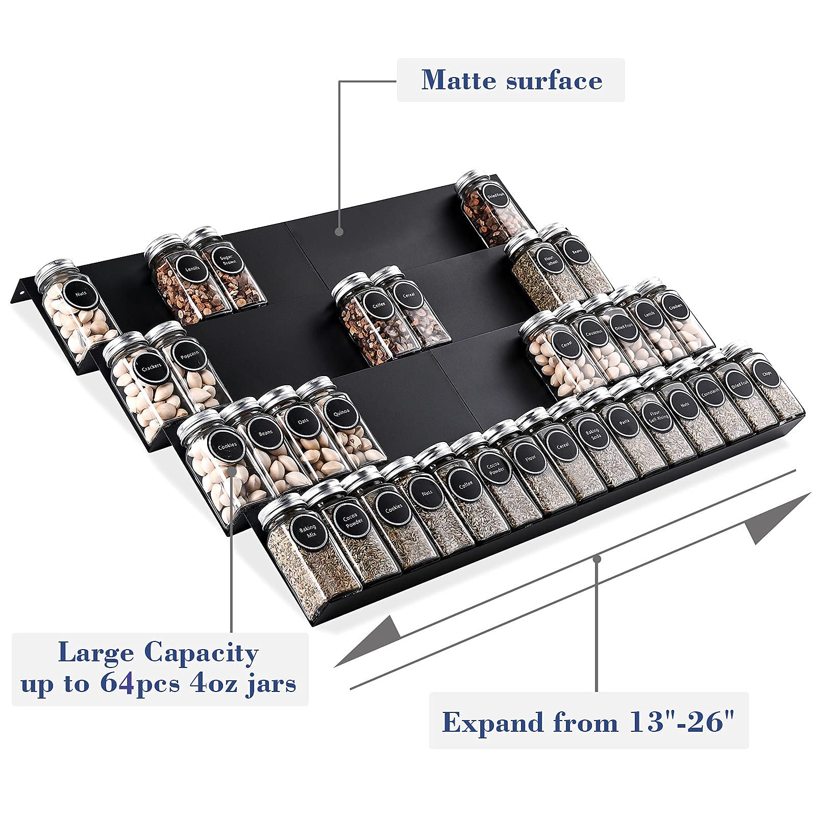 Mulush Metal Spice Rack Tray - 64 Jars Spice Drawer Organizer for Kitchen Cabinets Storage and Organization