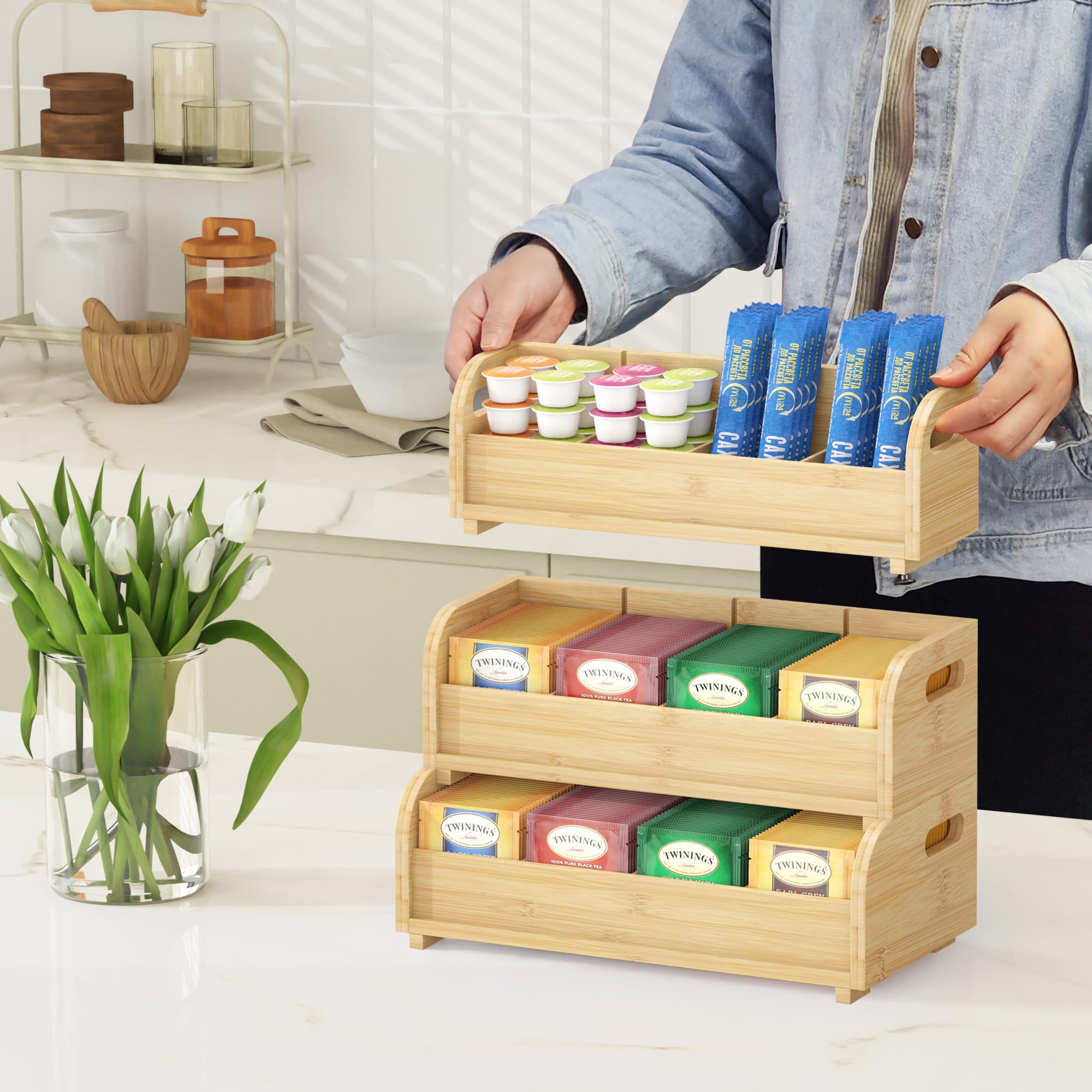 Tea Holder For Tea Bags Organizer - Bamboo Tea Organizer For Tea Bags 3-Tier Stackable Wall Mount Large Capacity Tea Storage Box