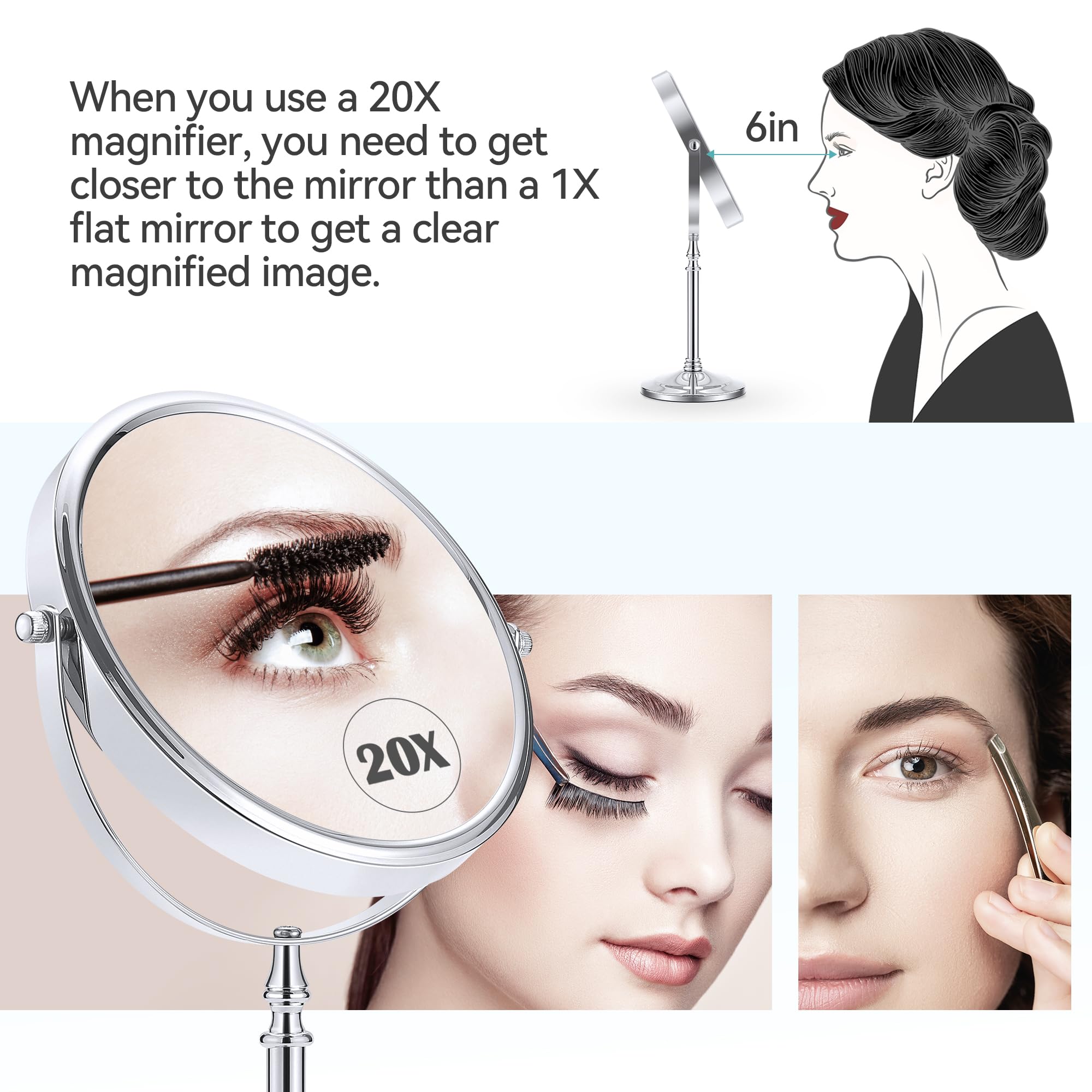 MIYADIVA 20x Magnifying Mirror - Double-Sided, 8.6" Metal Vanity Mirror with 360° Rotation for Bathroom or Bedroom