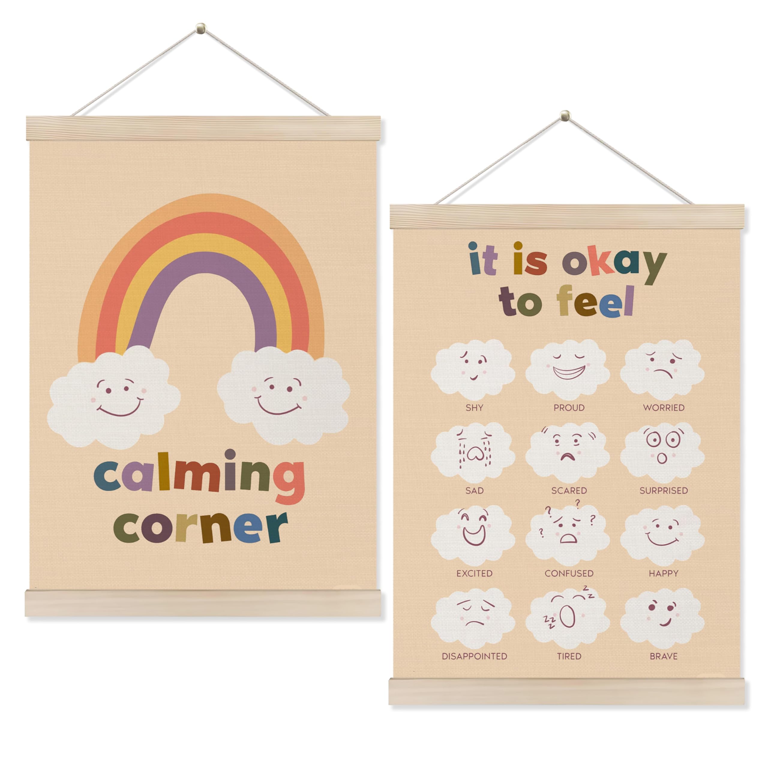 Koesus Calming Corner Posters For Kids, Emotional Chart Wall Art Poster Hanger Frame 12X16 Inch Set Of 2, Boho Mental Health Can