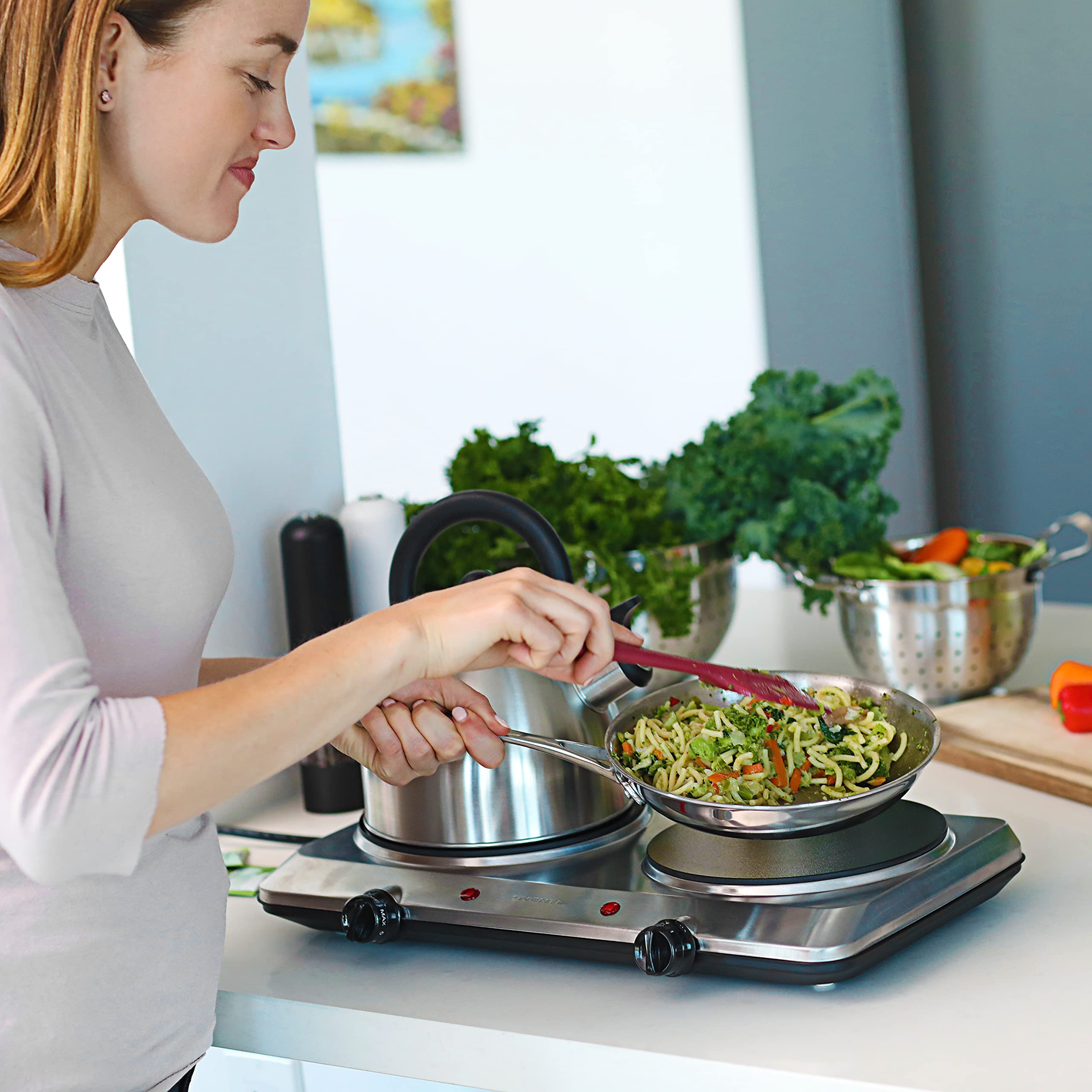 OVENTE Countertop Infrared Double Burner  1500W Electric Hot Plate and Portable Stove with 7.5 Ceramic Glass Cooktop  6 Level Temperature Setting and Easy to Clean Base  Silver BGI202S