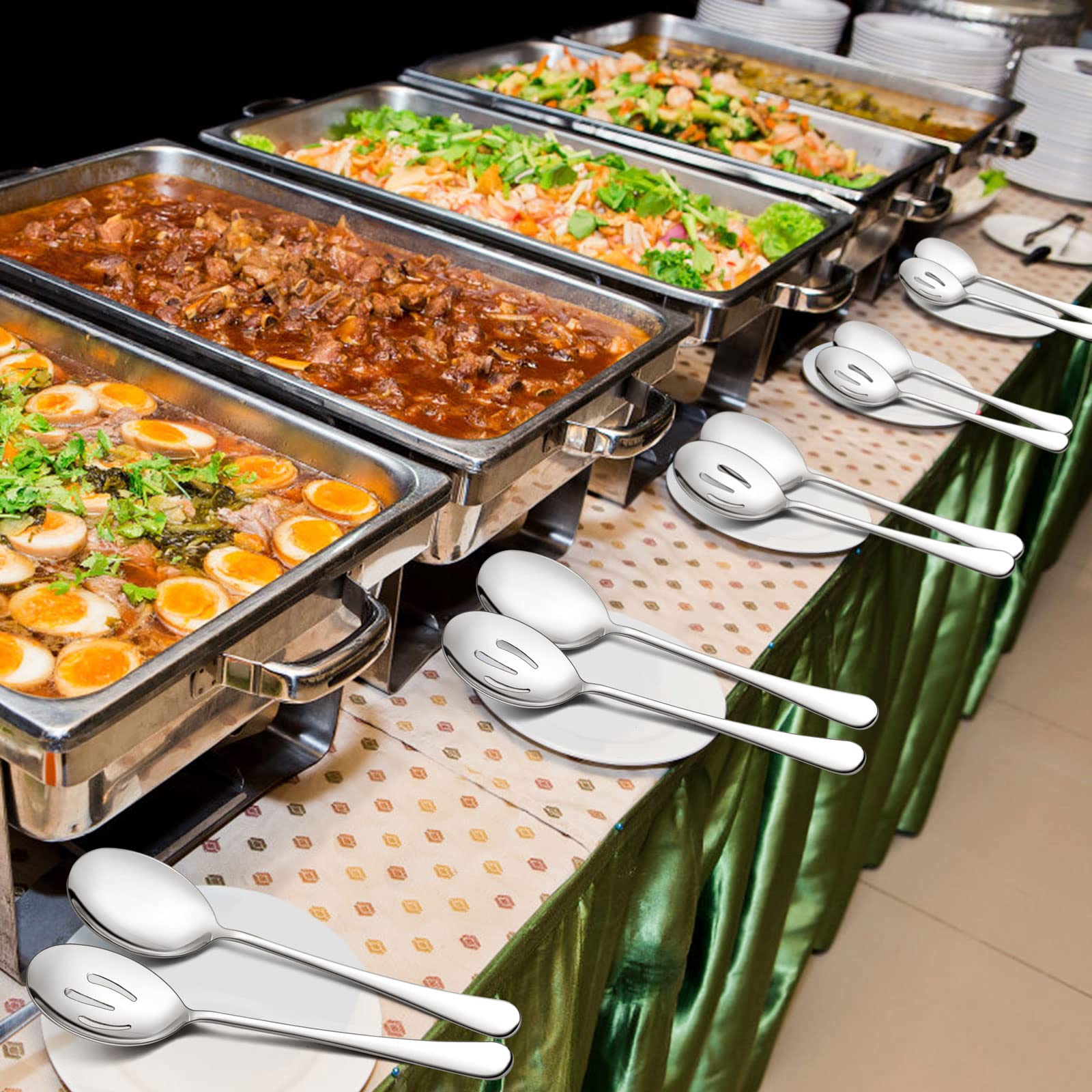 Lianyu 12-Piece Large Serving Utensils Set, Include 9.8 Inch Slotted Serving Spoons And Forks, 9.4 Inch Serving Tongs, Stainless