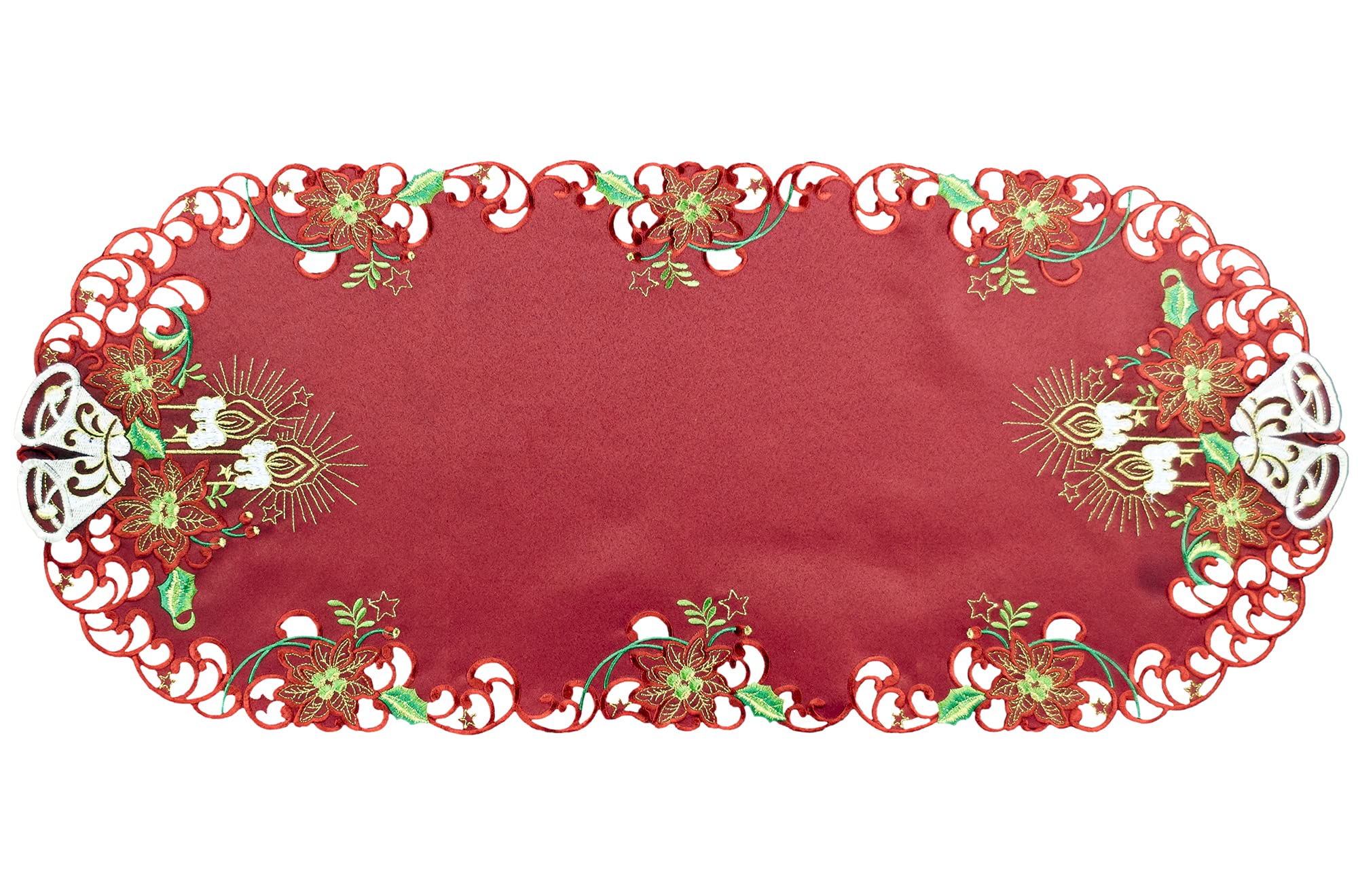 Embroidered Elegant White Bells Christmas Candle Gold Thread Green Leaves Holiday Table Runner, Dresser Scarf (14Wx35L)
