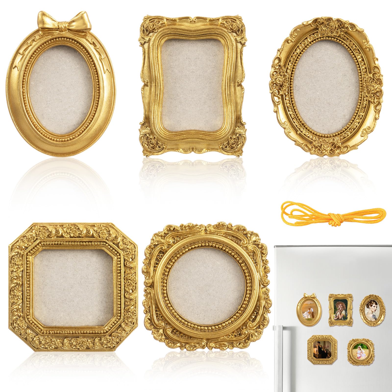 Leinuosen 5 Pcs Golden Refrigerator Mini Frames Magnetic Vintage Picture Display with Back Small Antique Picture Frames with Hoo