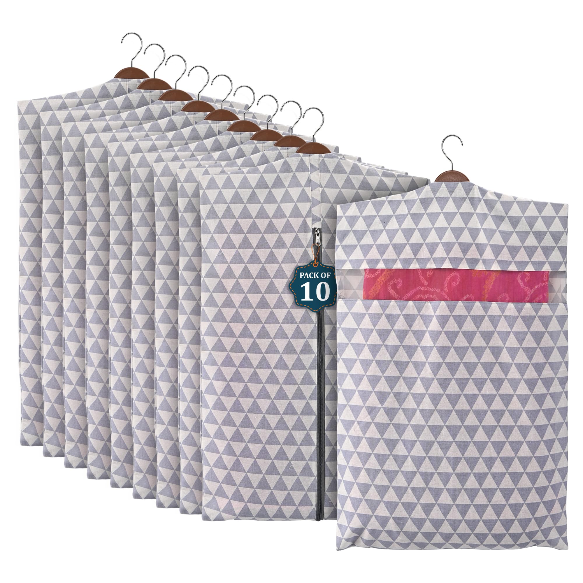 Kuber Industries 10 Pcs Mesh Window Cotton Hanging Saree Covers For Storage/Gifting | Saree Organiser For Wardrobe/Storage | Sar