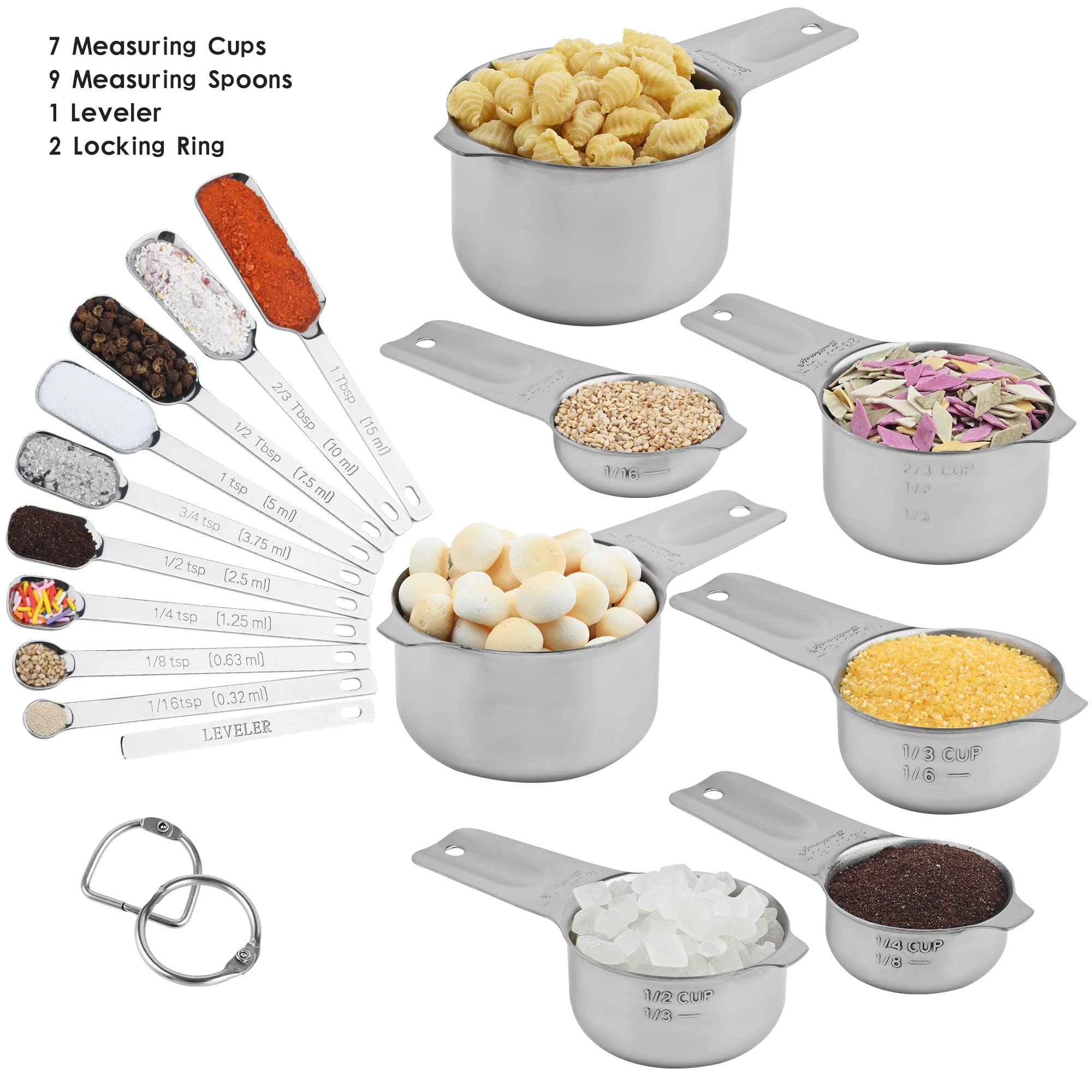 Stainless Steel Measuring Cups And Spoons Set, 18/8 (304) Measuring Cups Spoons, Heavy Duty 7 Measuring Cups And 9 Measuring Spo