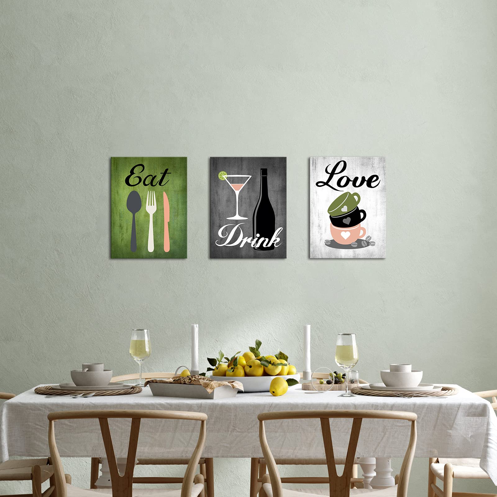 Canvas Set of 3 Green and Grey Modern Kitchen and Dining Room Wall Art Home Decor Abstract EAT DRINK LOVE Theme Canvas Prints Pictures Framed Artwork for Coffee Bar Restaurant Cafe Ready to Hang