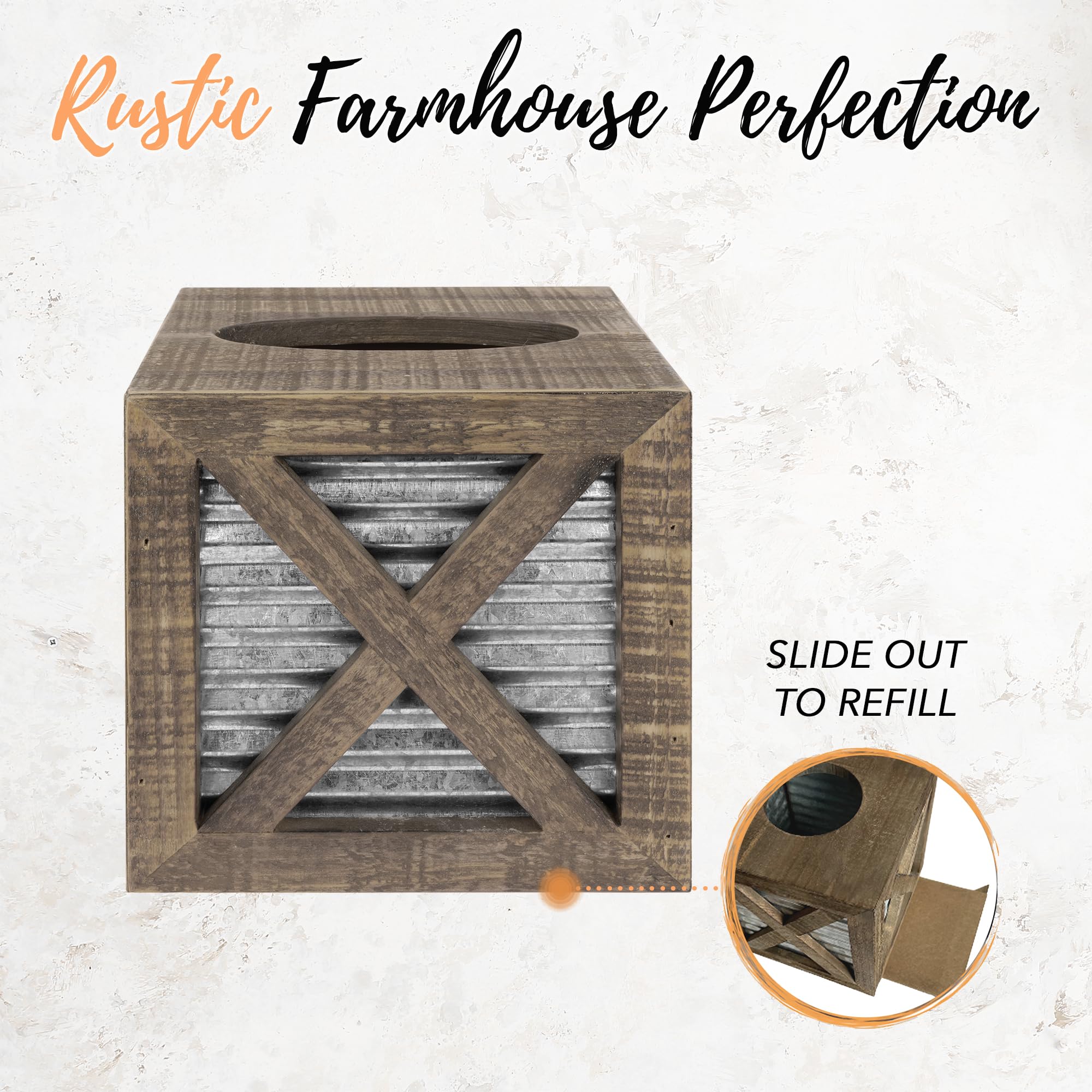 Autumn Alley Barn Door Rustic Square Tissue Box Cover  Farmhouse Bathroom Accessories  Rustic Bathroom D?cor Tissue Holder  Wood Tissue Box Cover with Galvanized Decor