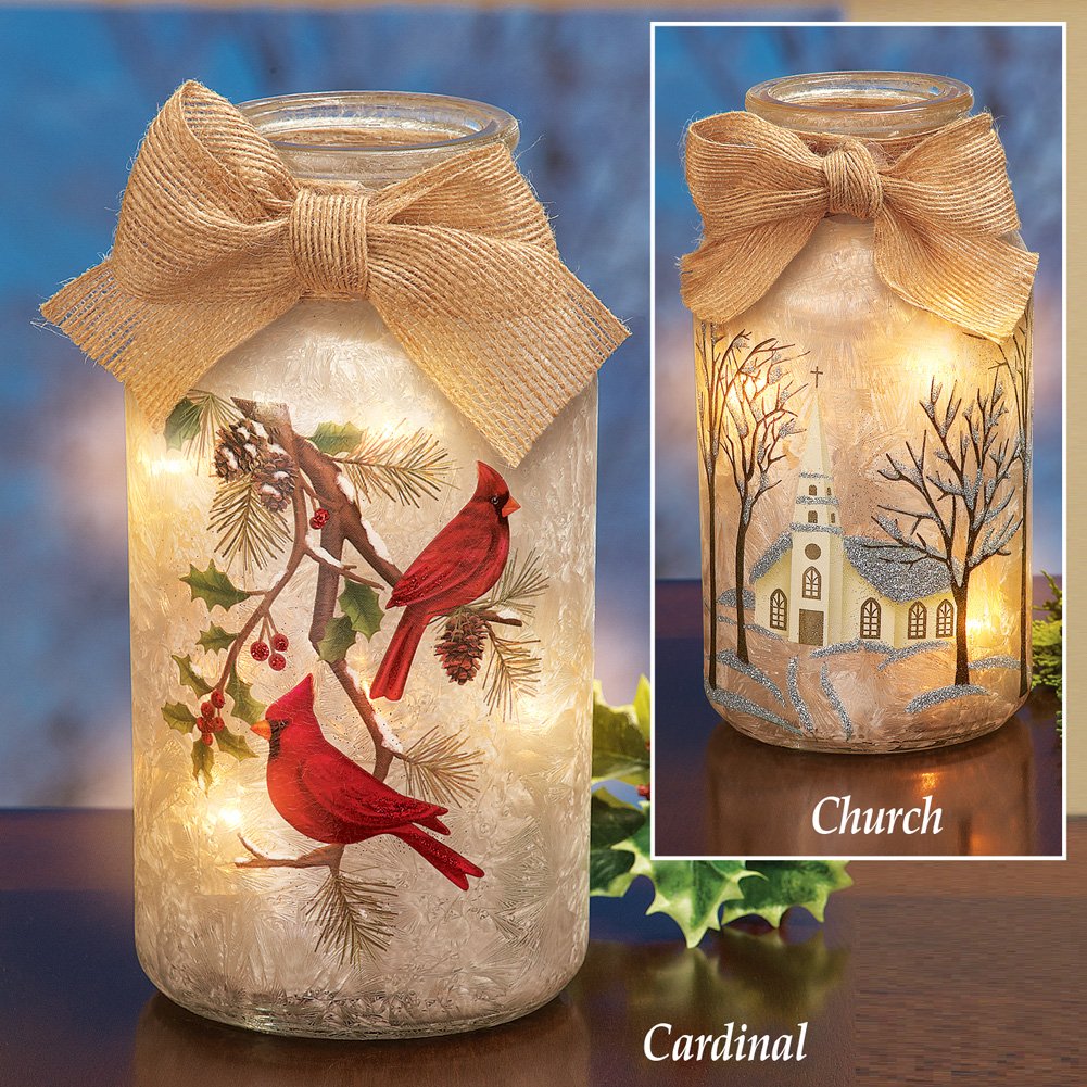 Collections Etc Frosted Christmas Mason Jar Table Lamps