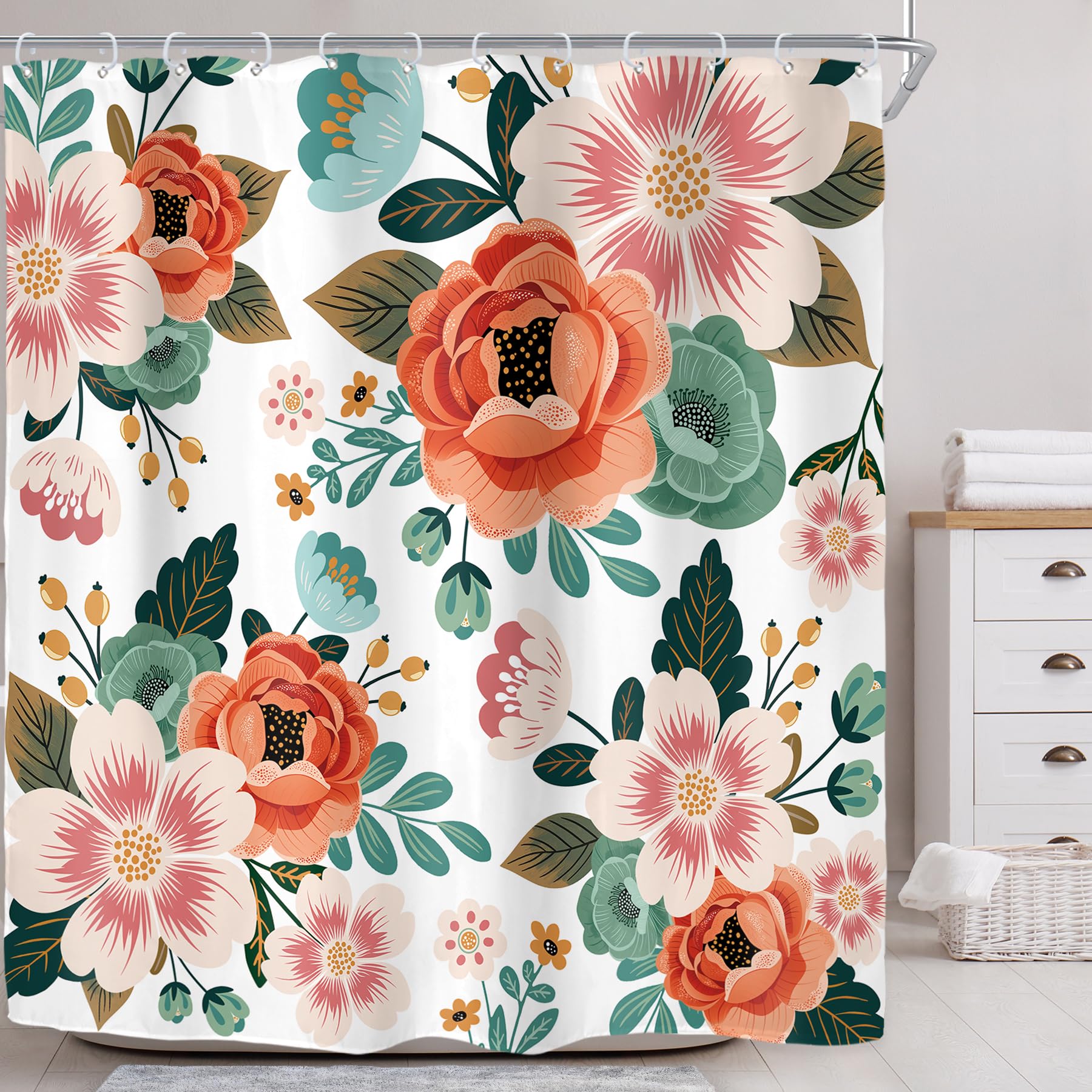 Riyidecor Extra Long Floral 72Wx78H Inch Shower Curtain Set Flower Spring Season Green Leaves Orange Women Bathroom Decor Fabric Panel Polyester Waterproof with 12 Pack Plastic Shower Hooks WW-YHX9