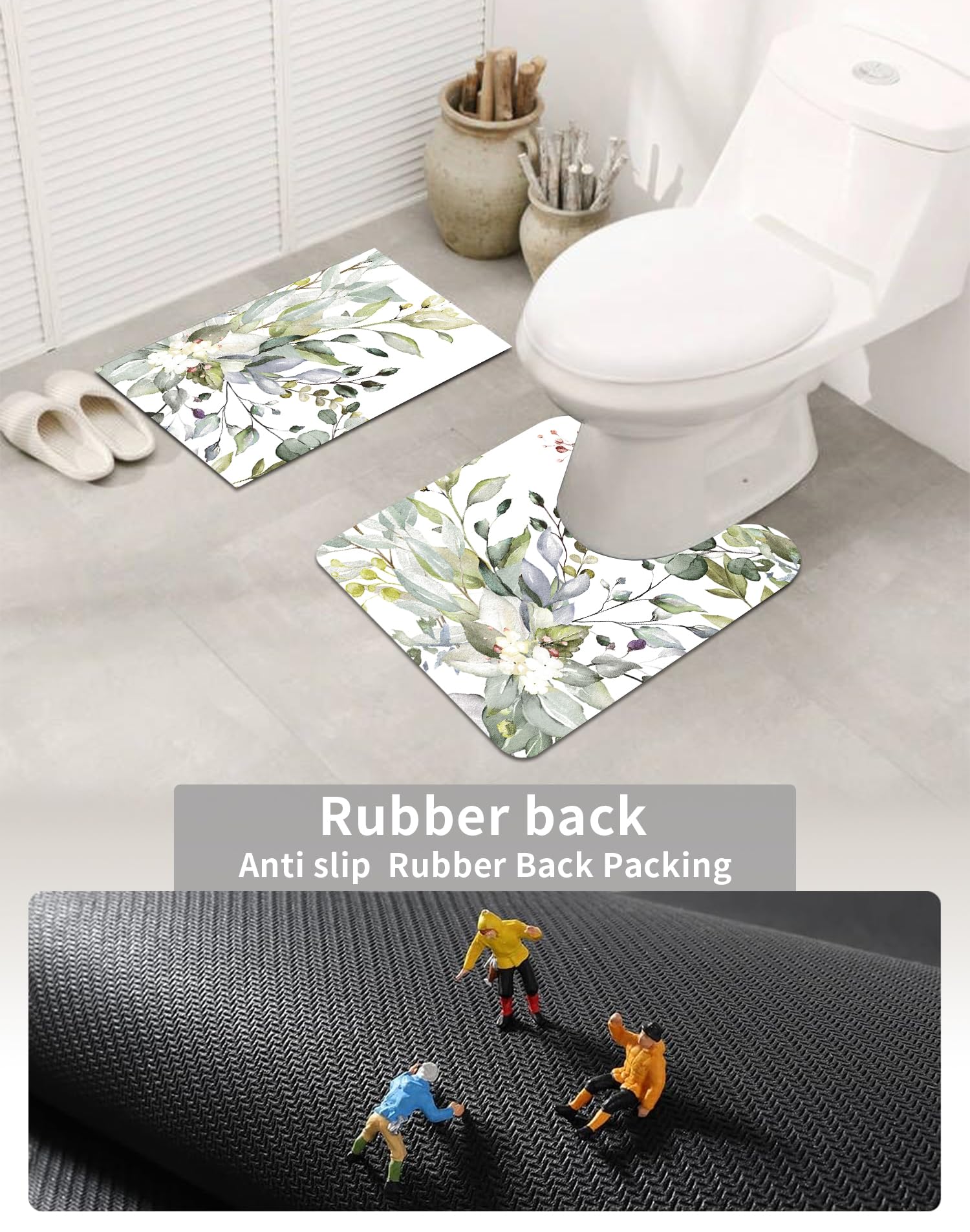 Muginyu Green Leaves Bathroom Rug Set 3 Piece, Spring Floral Boho Quick Dry Bath Mat Set Of 3,Eucalyptus Plant Minimalistthin Ru