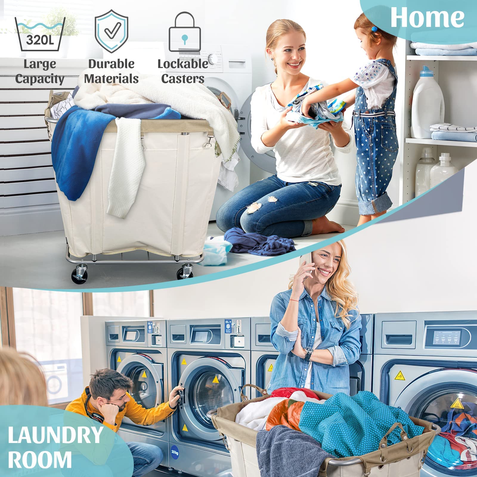 Plkow Laundry Cart With Wheels 320L Large Rolling Laundry Cart For Commercial/Home, Rolling Laundry Basket With Steel Frame And