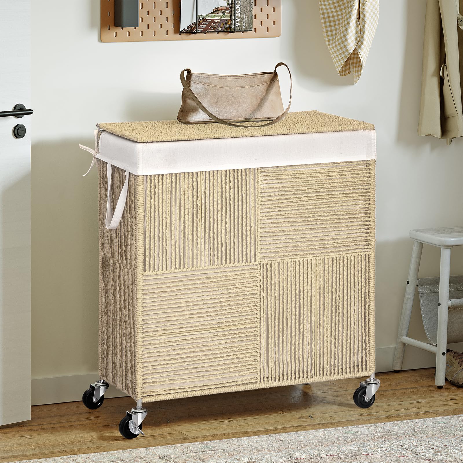 Wowlive Double Laundry Hamper With Lid, Handwoven Rolling Laundry Basket With Wheels, 115L Dirty Clothes Hamper With Removable L