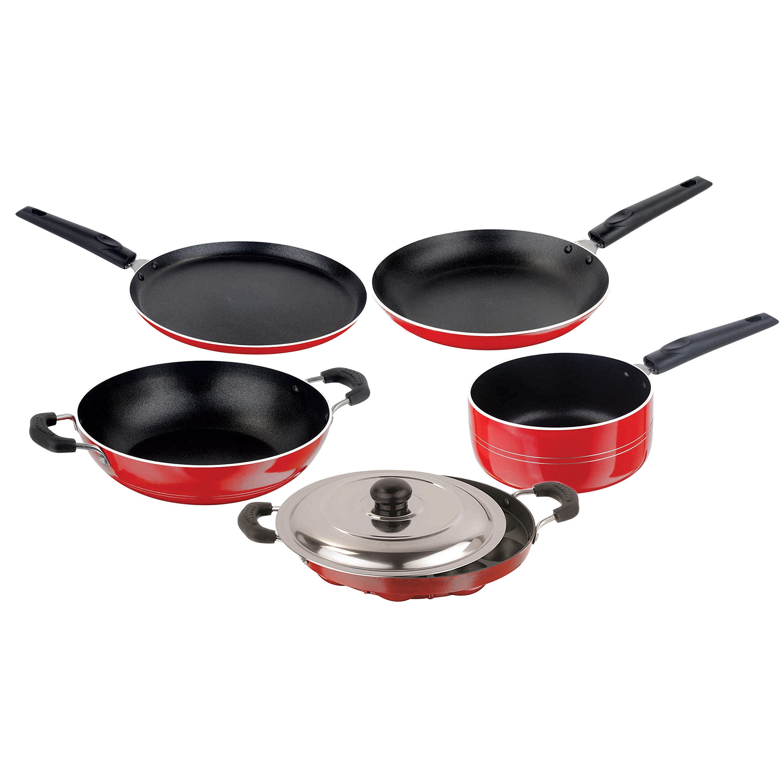Nirlon Aluminium Non Stick Cookware Flat Tawa/Sauce Pan/Kadhai/ Tapper Pan/Appapatram With Lid  Set Of 5 (Red, Black)