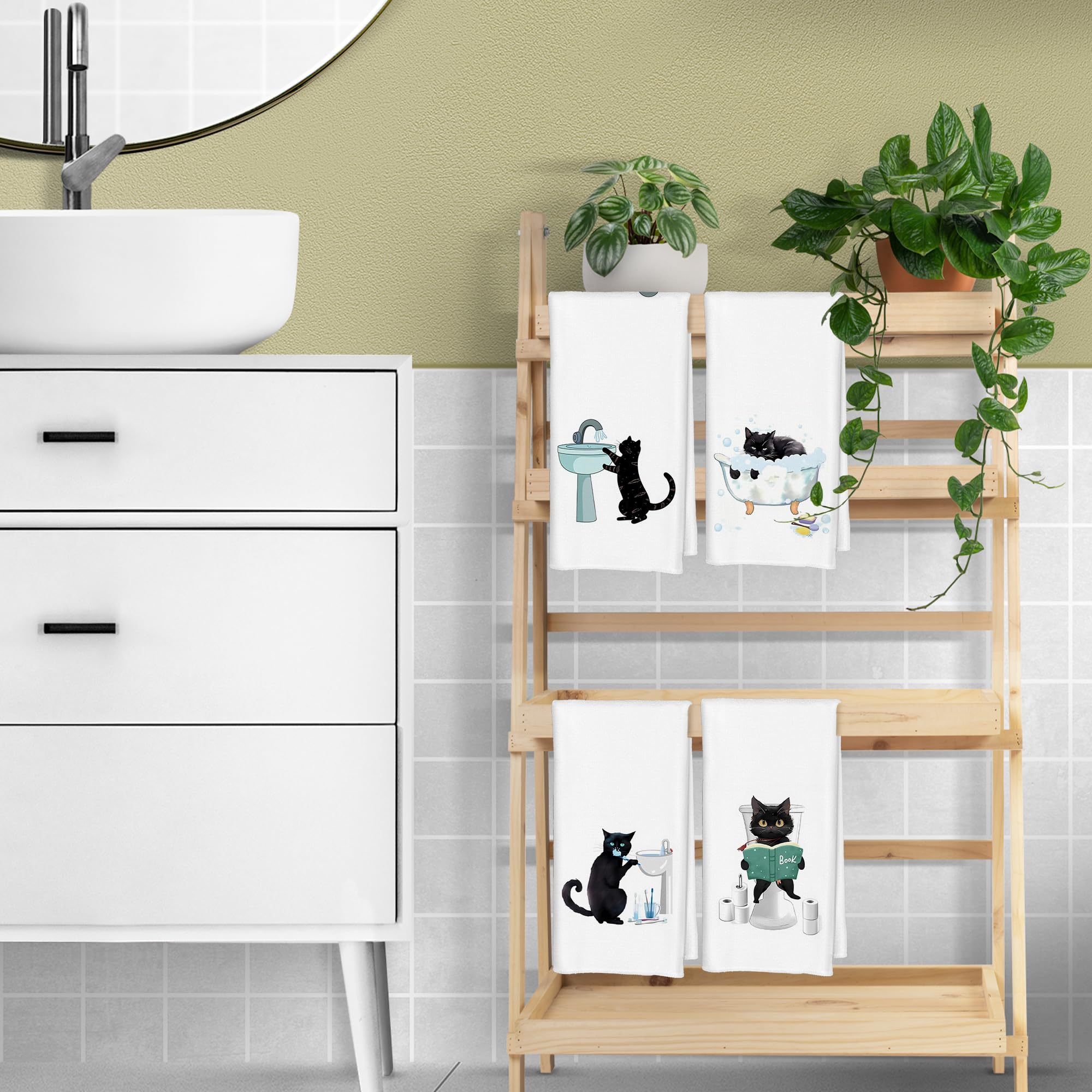 Jvpke Funny cat Hand Towel for Bathroom Set of 4 - Black Cat Decor, Cat Towels for Cat Lovers, cat Lover Gifts for Women, Cat Ba