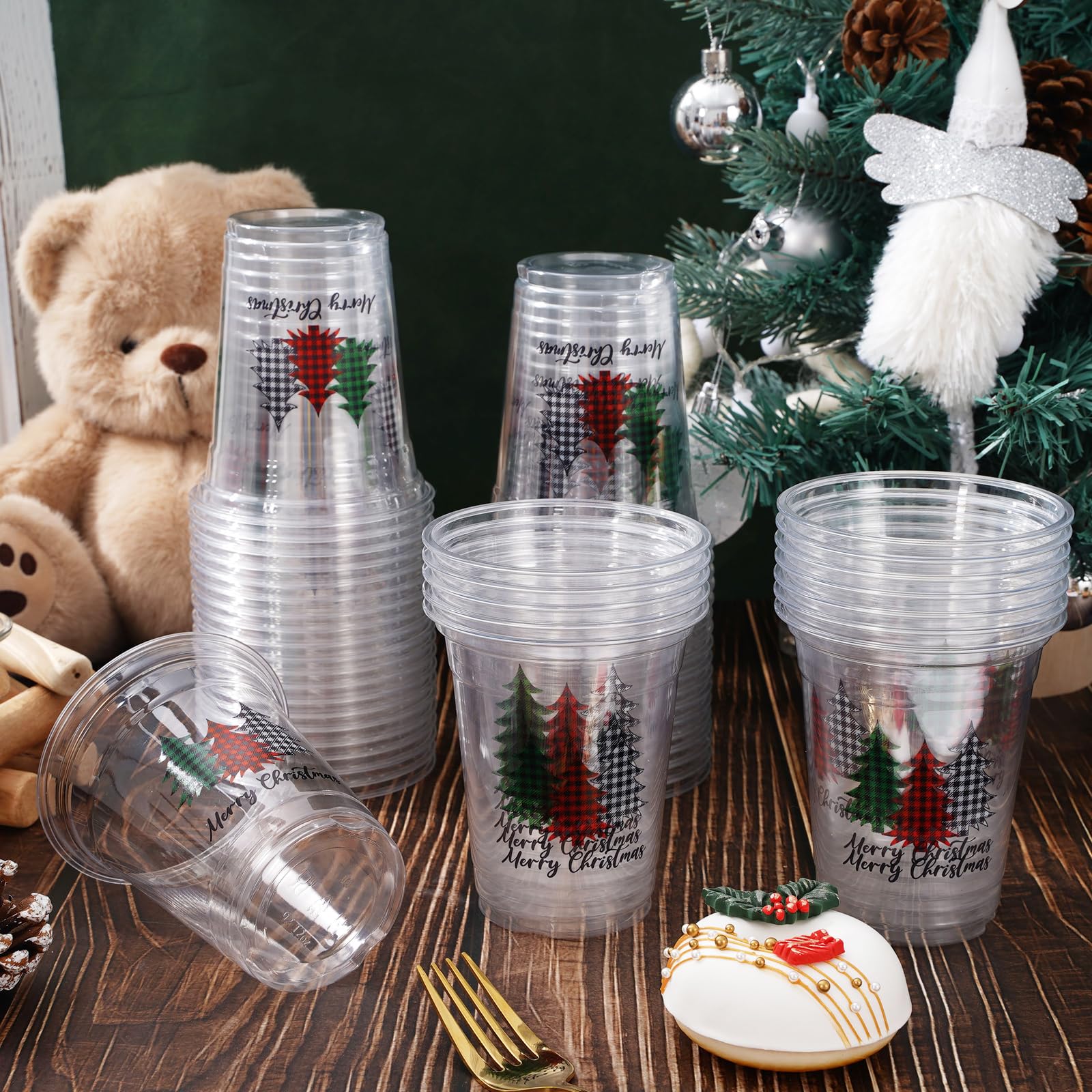 Whaline 50Pcs 12oz Christmas Disposable Cups Black Green Red Plaid Plastic Party Cups Christmas Tree Clear Plastic Glasses for X