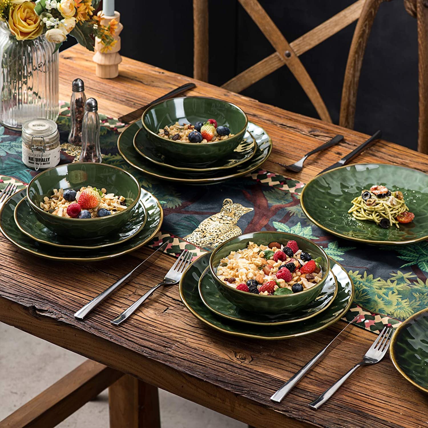 vicrays Ceramic Dinner Plates Set  10.5 Inch  Set of 6  Round  Microwave  Oven  Dishwasher Safe  Scratch Resistant  Porcelain Fluted Suitable for Steak  Pasta  Pizza  Home  Party  Restaurant  Green