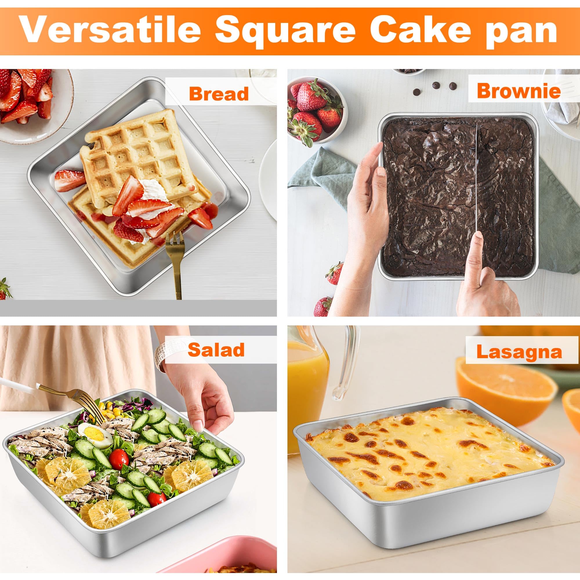 Teamfar 6 In Square Cake Pans, Stainless Steel Mini Square Lasagna Cake Brownie Pan For Baking Roasting, Non-Toxic & Sturdy, Bru