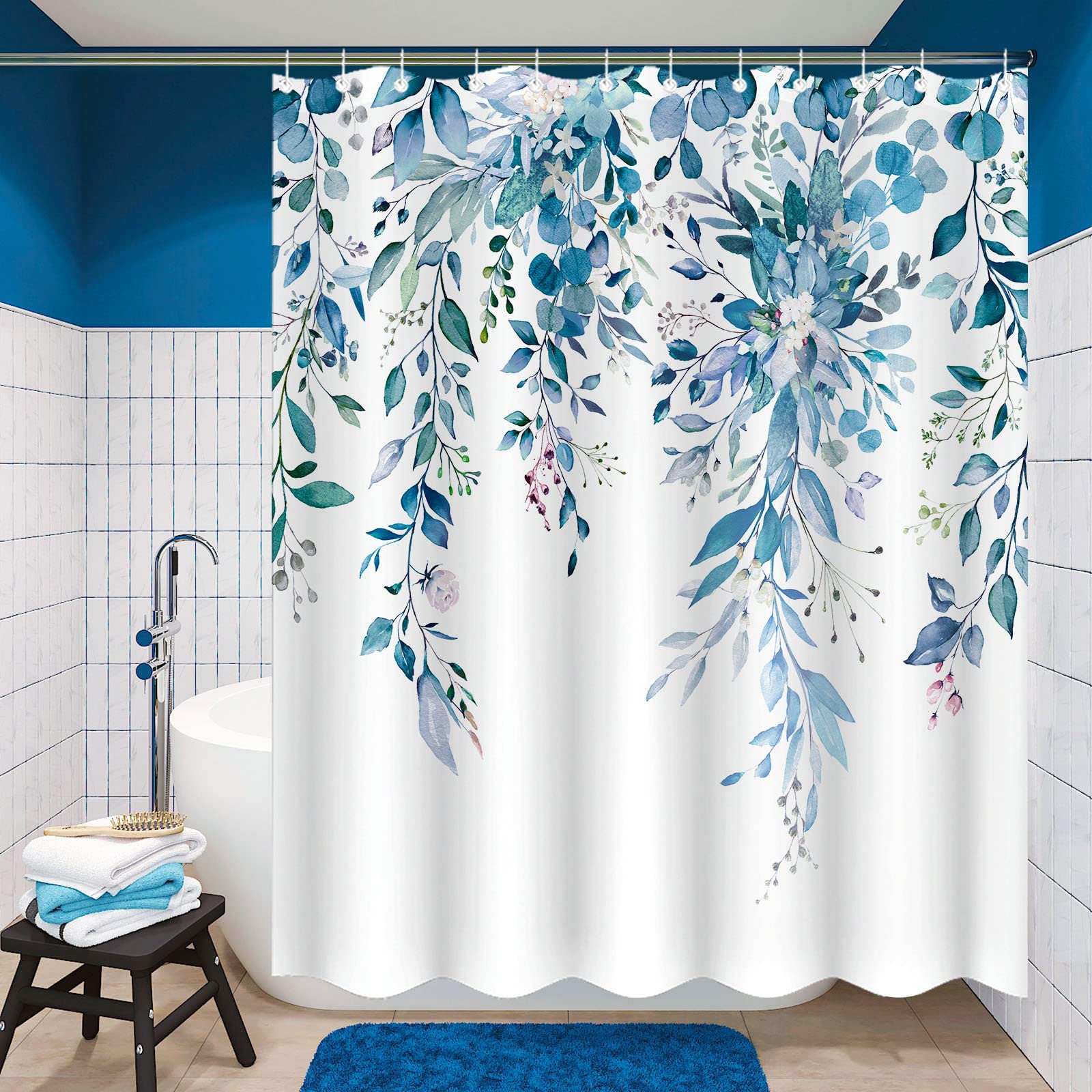 Zussun Blue Eucalyptus Shower Curtain Watercolor Floral Plant Leaf Shower Curtains for Bathroom Botanical Flower Waterproof Fabric Bath Curtain Decor with Hooks (Blue  72'' x 72'')