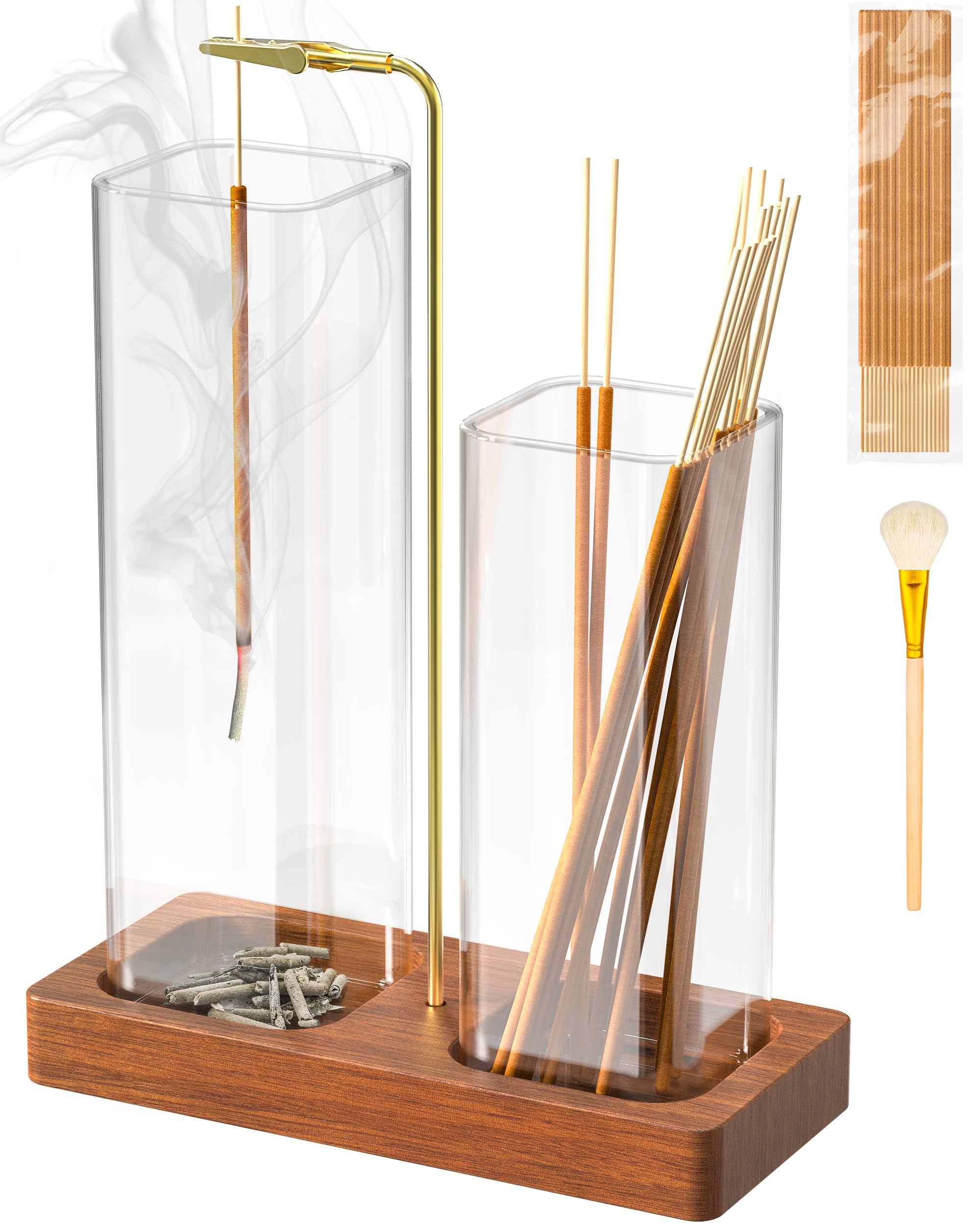 2 in 1 Incense Holder with 7.8 & 5.9 Glass Jars, Large Incense Holder for Sticks, Upside Down Incense Burner with Ash Catcher & 