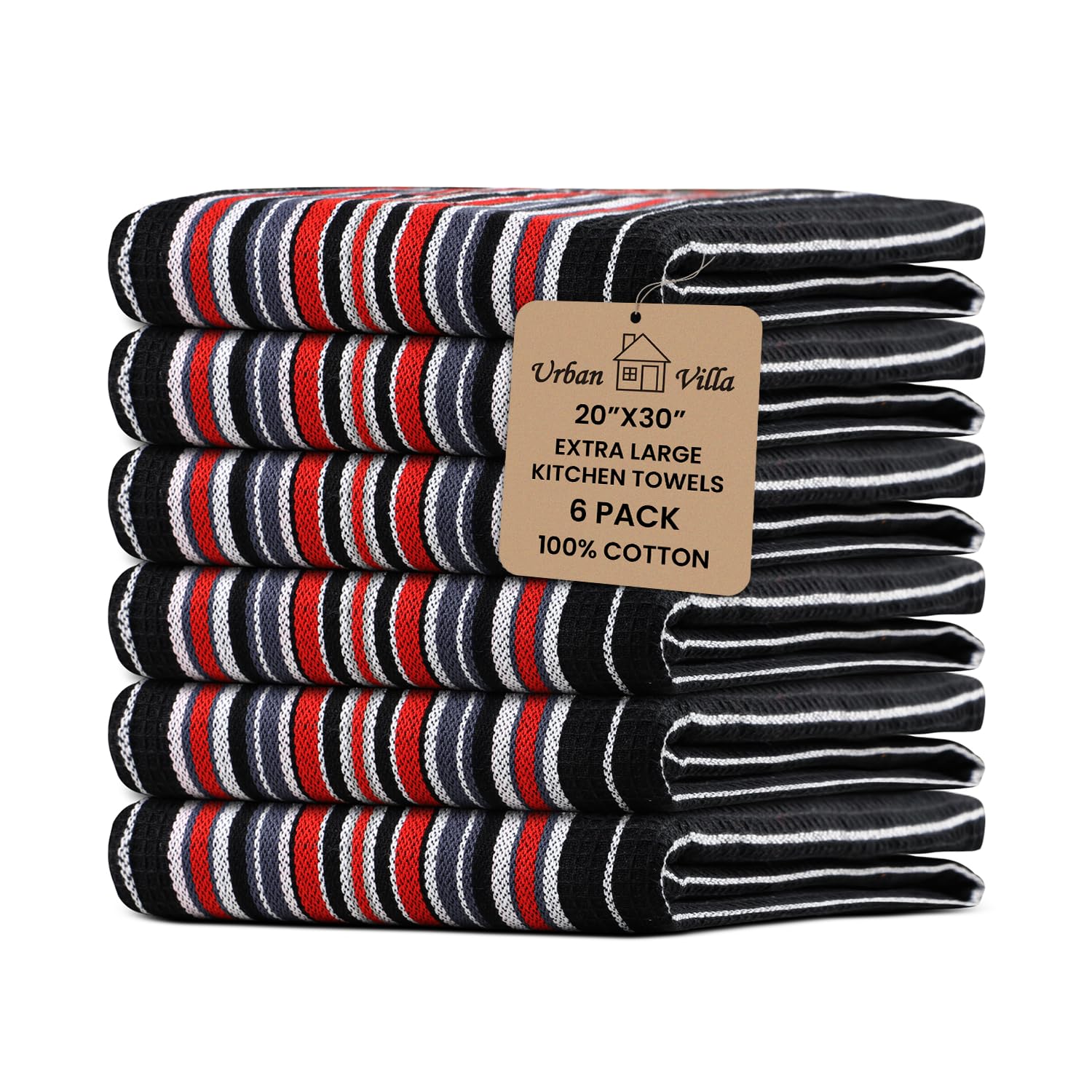 Urban Villa Kitchen Towels Waffle Stripes Dish Towels For Kitchen Black Color Set Of 6 Kitchen Towels Highly Absorbent Cotton Ov