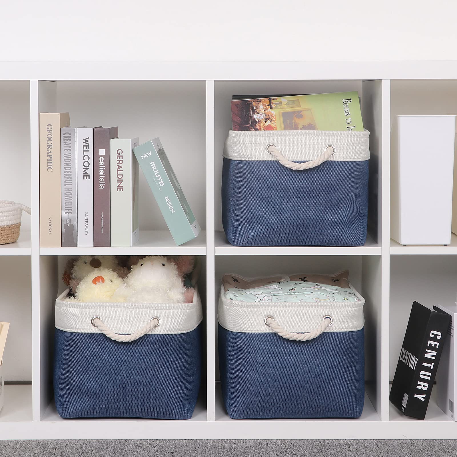 Bidtakay Storage Baskets Collapsible [3-Pack] Decorative Storage Bins with Cotton Rope Handles 15 X 11 X 9.5 Inch Organizing Baskets for Shelves Clothes Closet Navy Blue Baskets for Gifts Empty