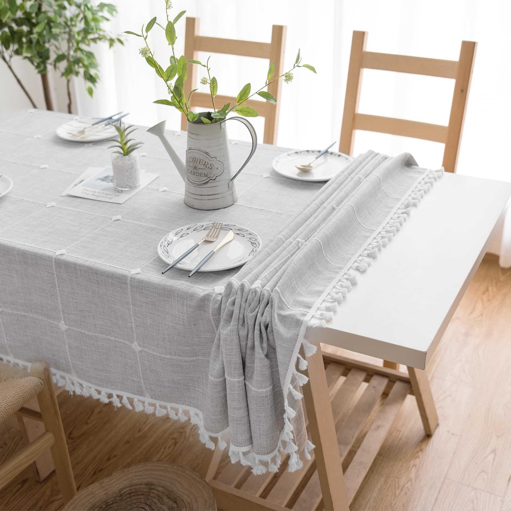 Oubonun Cotton Linen Rectangular Table Cloth, Wrinkle Resistant, Waterproof Tablecloth, Washable Farmhouse Table Cover With Tass
