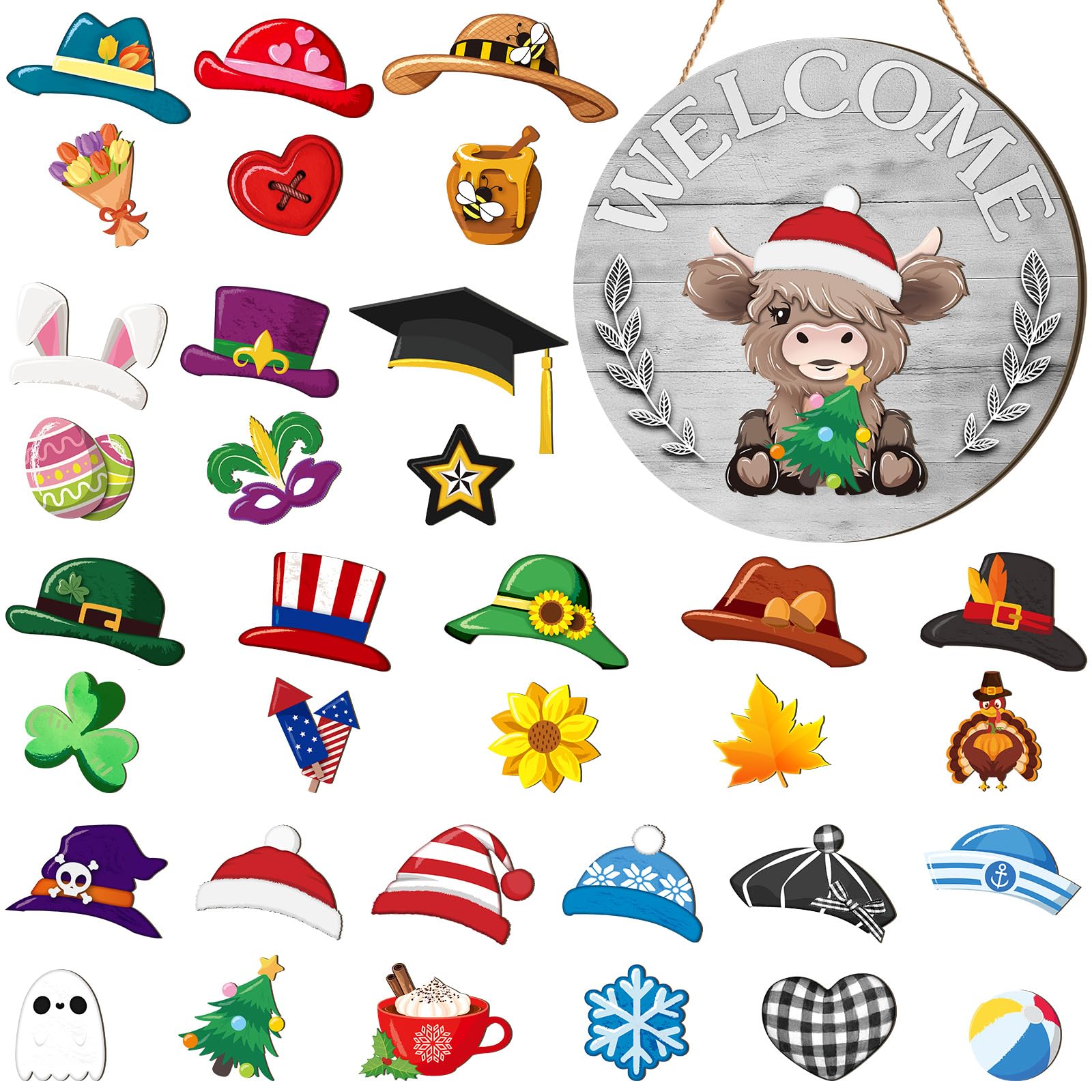 35 Pcs Christmas Interchangeable Highland Cow Welcome Sign Highland Cow Seasonal Wooden Hanging Door Decor Thanksgiving Farmhous