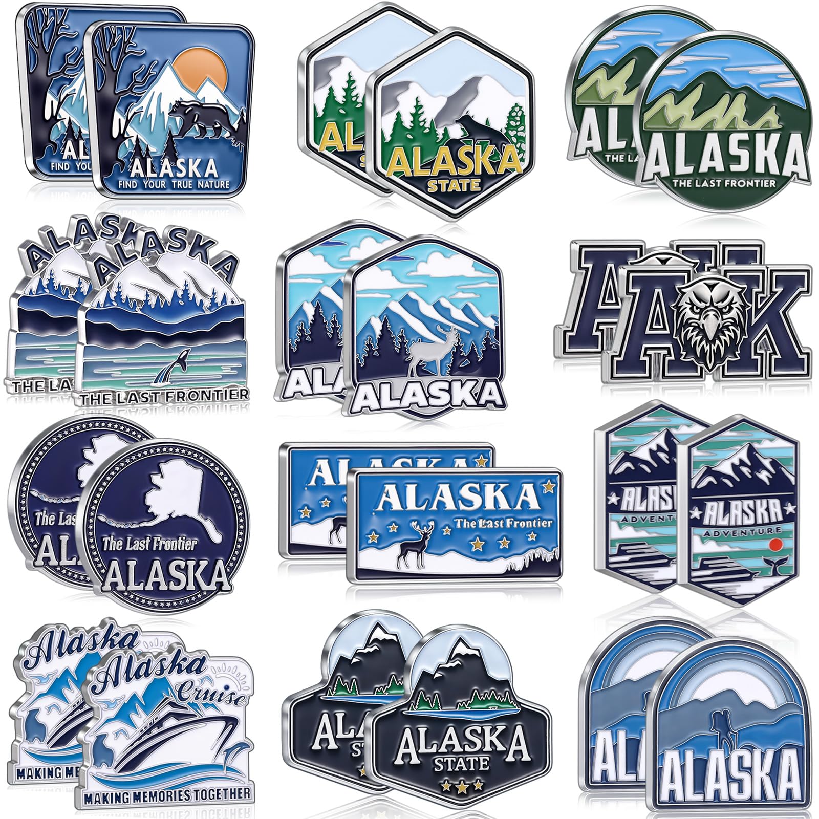 Konohan 24 Pcs Alaska Magnets for Refrigerator Metal Fridge Magnet Magnetic Alaska Souvenirs Gifts USA State Magnetic US City Re