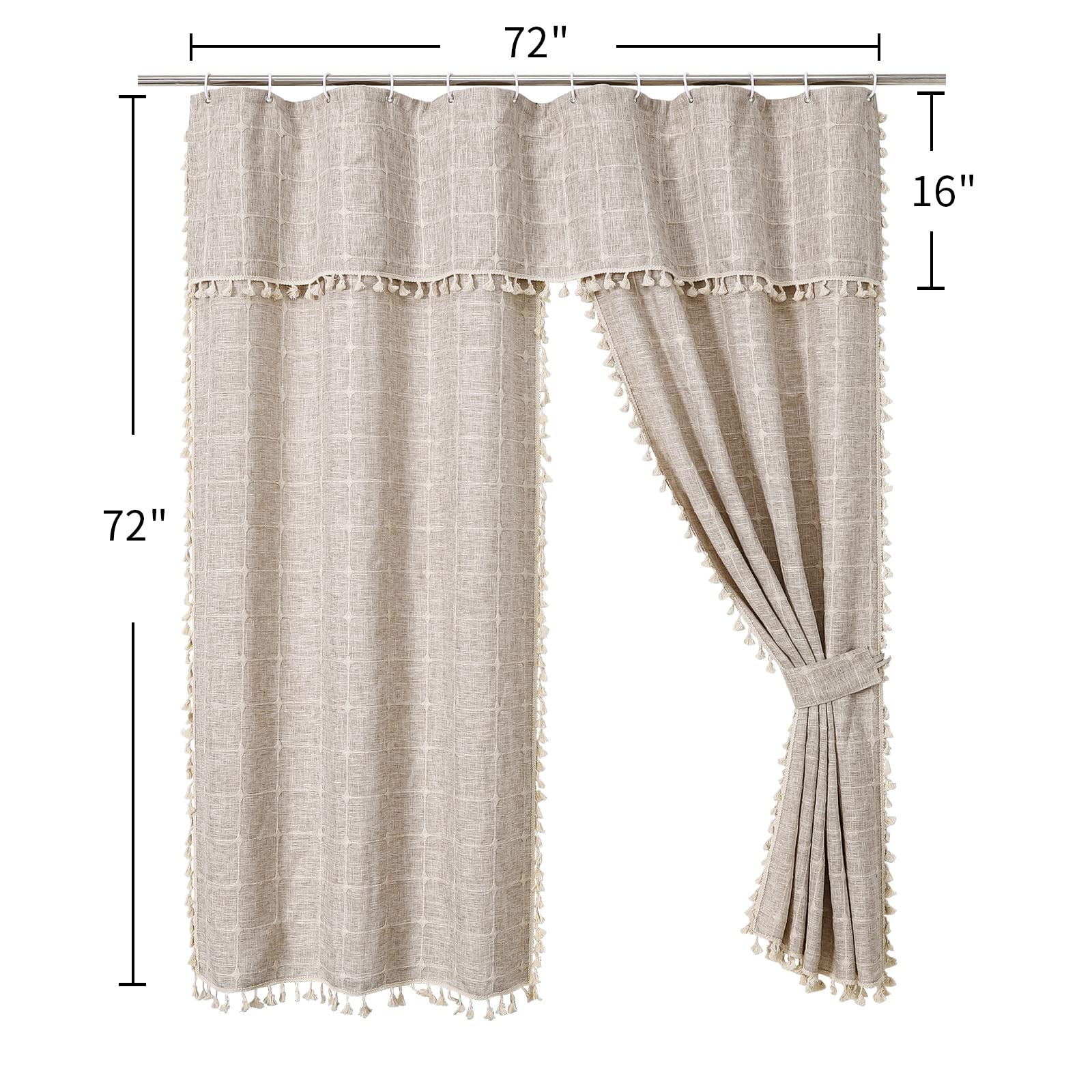 MitoVilla Boho Farmhouse Swag Shower Curtain  Cotton Linen Cloth Fabric Shower Curtain Set with Elegant Valance and 2 Tie Backs for Vintage Country Bathroom Decor  Tan Brown  72 x 72