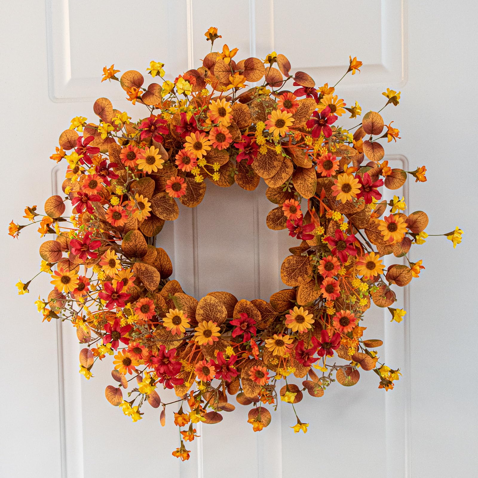 J'FLORU Fall Wreath 22 Inch Fall Wreaths for Front Door Artificial Autumn Wreath with Eucalyptus Leaves Orange Daisies for Harve