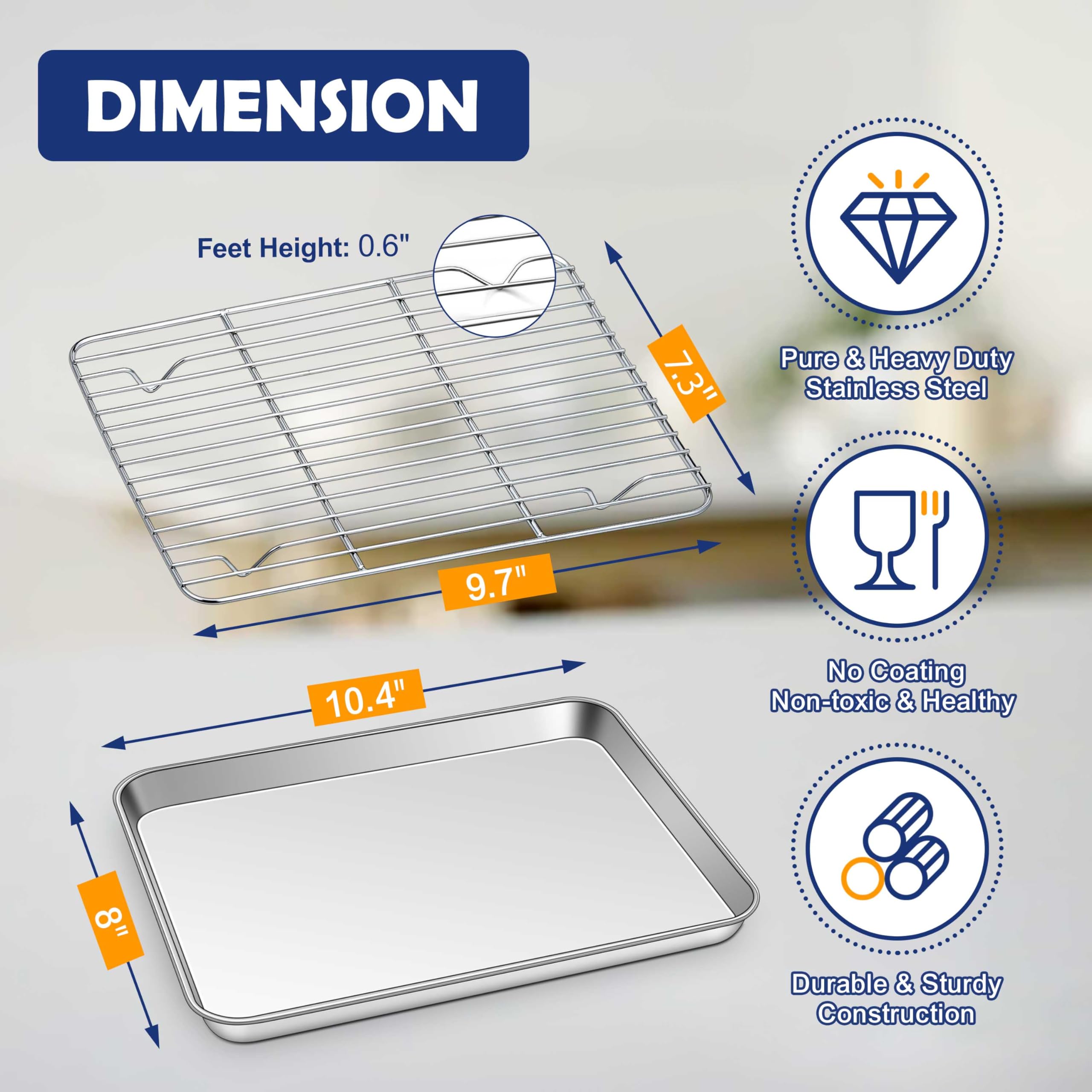 10.4 Inch Toaster Oven Pan With Rack Set, Joyfair Stainless Steel Cookie Pan Baking Tray With Bacon Rack, Small Commercial Nonst