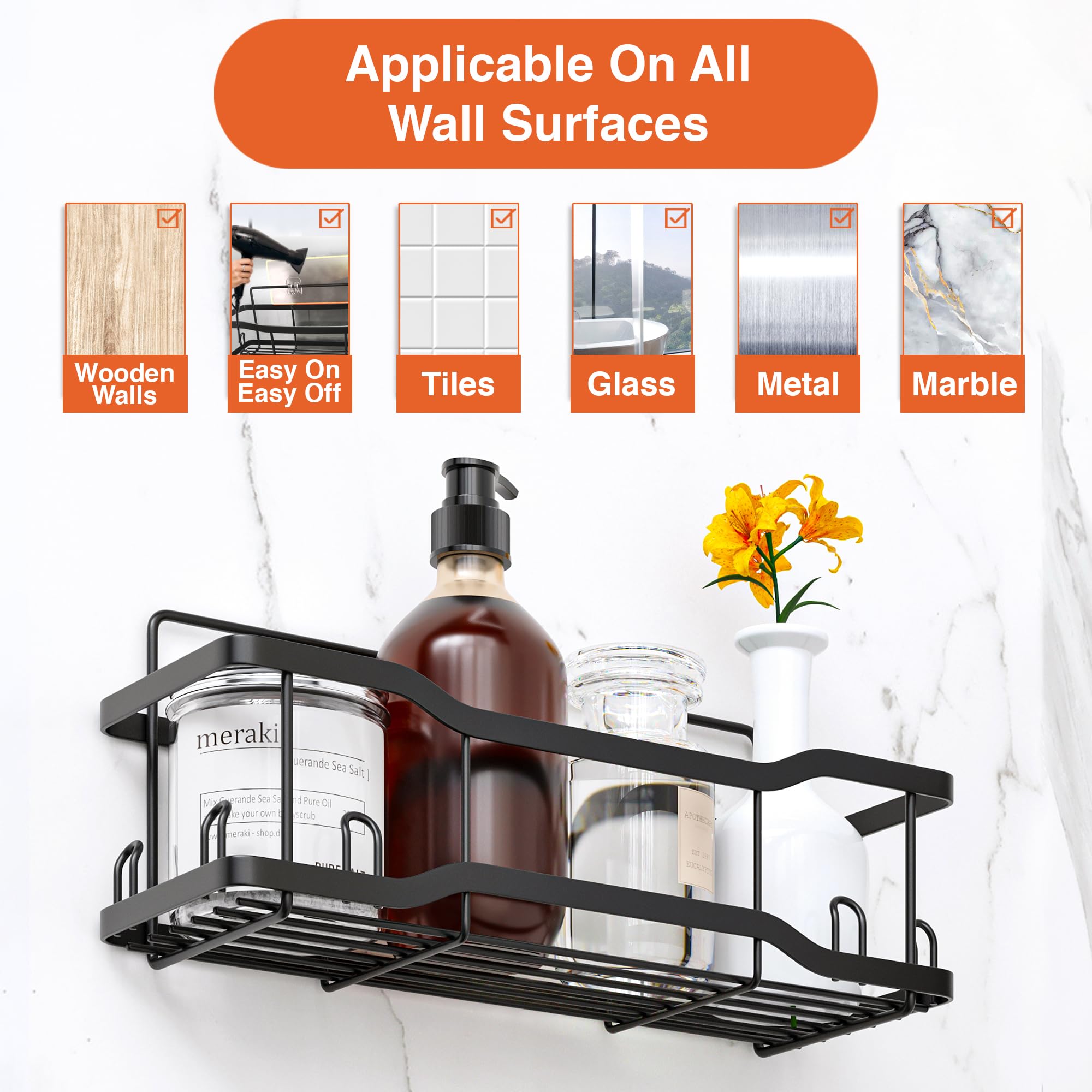 Shower Caddy Bathroom Shelves, The Athena Silken Black 4 Set, 40Lb Capacity, Adhesive Tape - No Drill-Rustproof -Gorgeous Powder