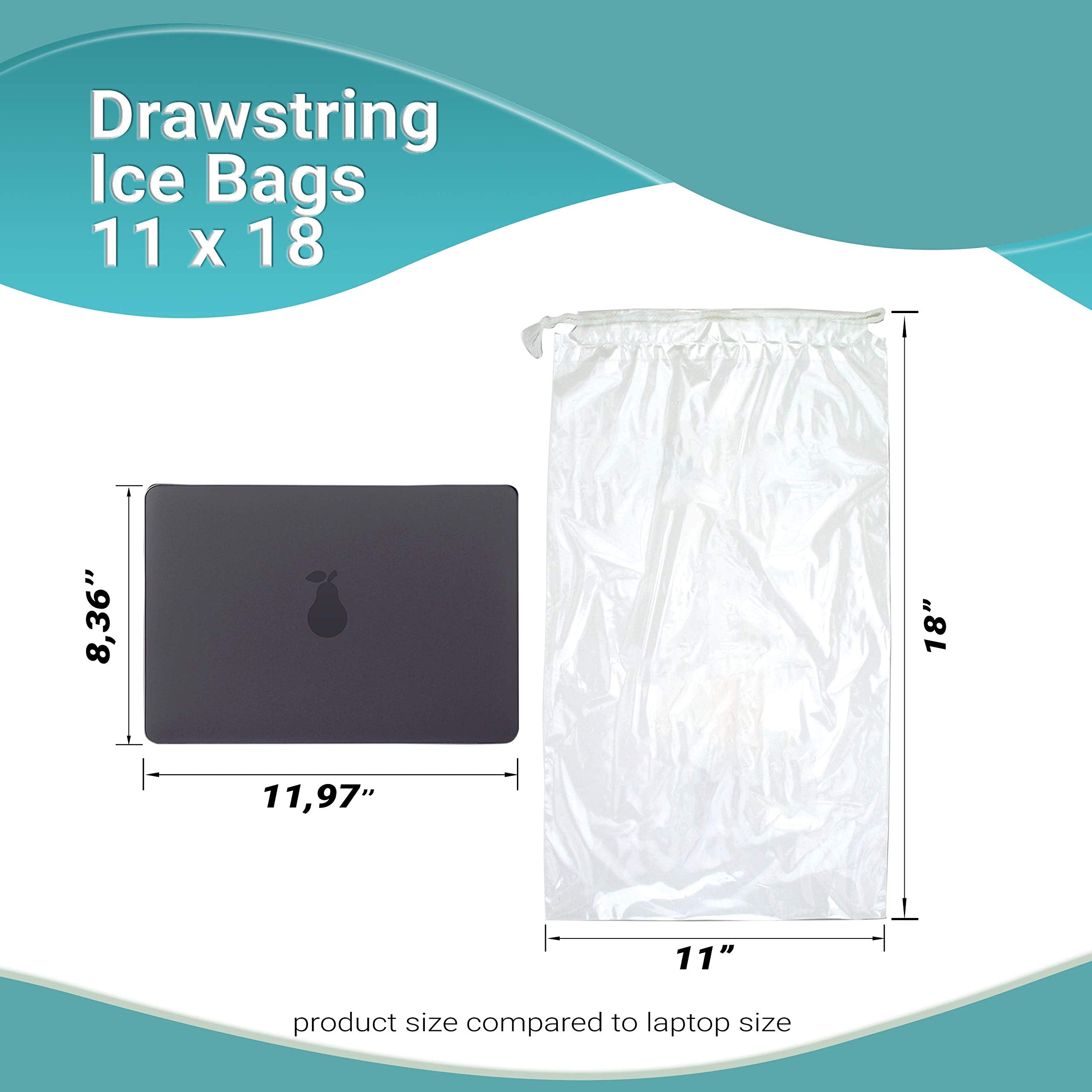 APQ Pack of 500 Drawstring Ice Bags 11 x 18. Pure Ice Printed Bags 11x18. Thickness 1.5 mil. 8 lbs. BPA Free Food Grade Safe Metallocene Ice Bags.