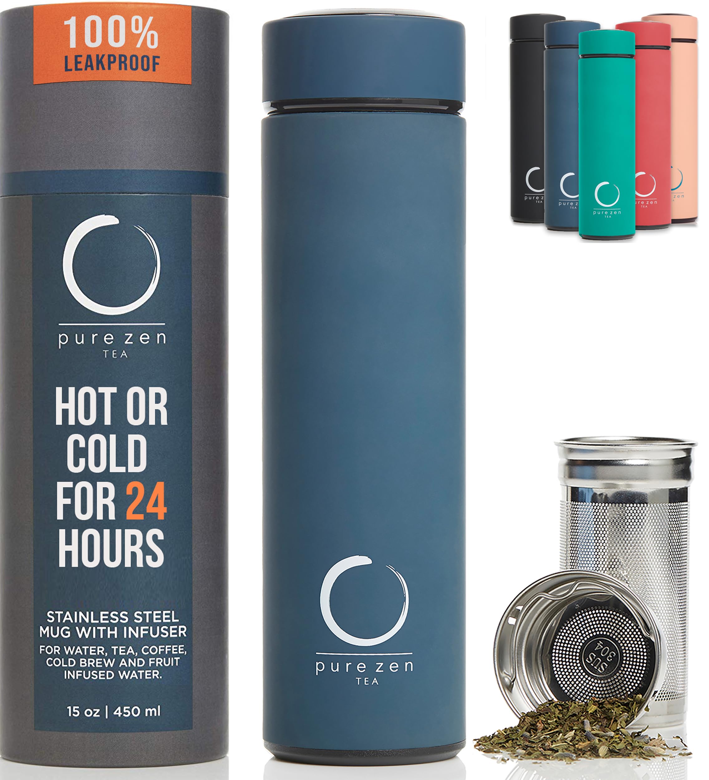 Pure Zen Tea Thermos with Infuser for Hot and Cold Infusions - Stainless Steel - Tea Infuser Bottle - Leakproof Travel Mug with 