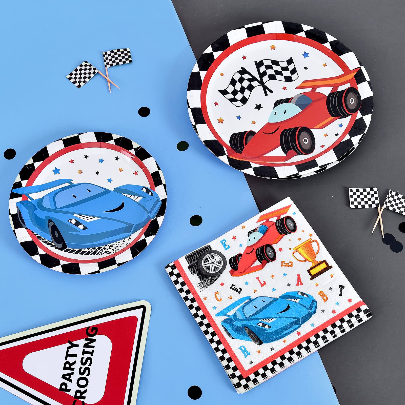 Wernnsai Race Car Party Supplies - 48Pcs Checked Racing Party Plates Napkins Disposable Tableware Set Race Car Birthday Party De
