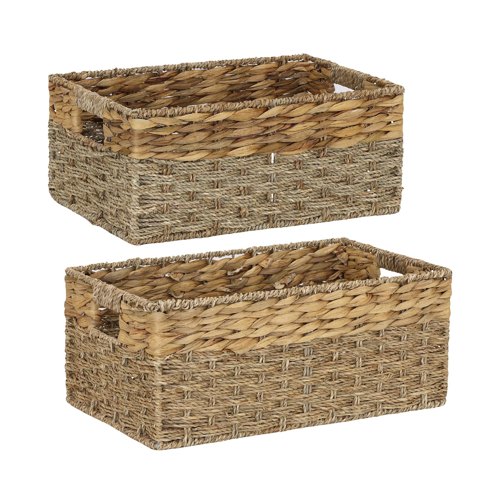Weavelyrics [2-Pack, 2-Size] Wicker Storage Baskets With Handles, Water Hyacinth And Seagrass, Handwoven Storage Baskets For She