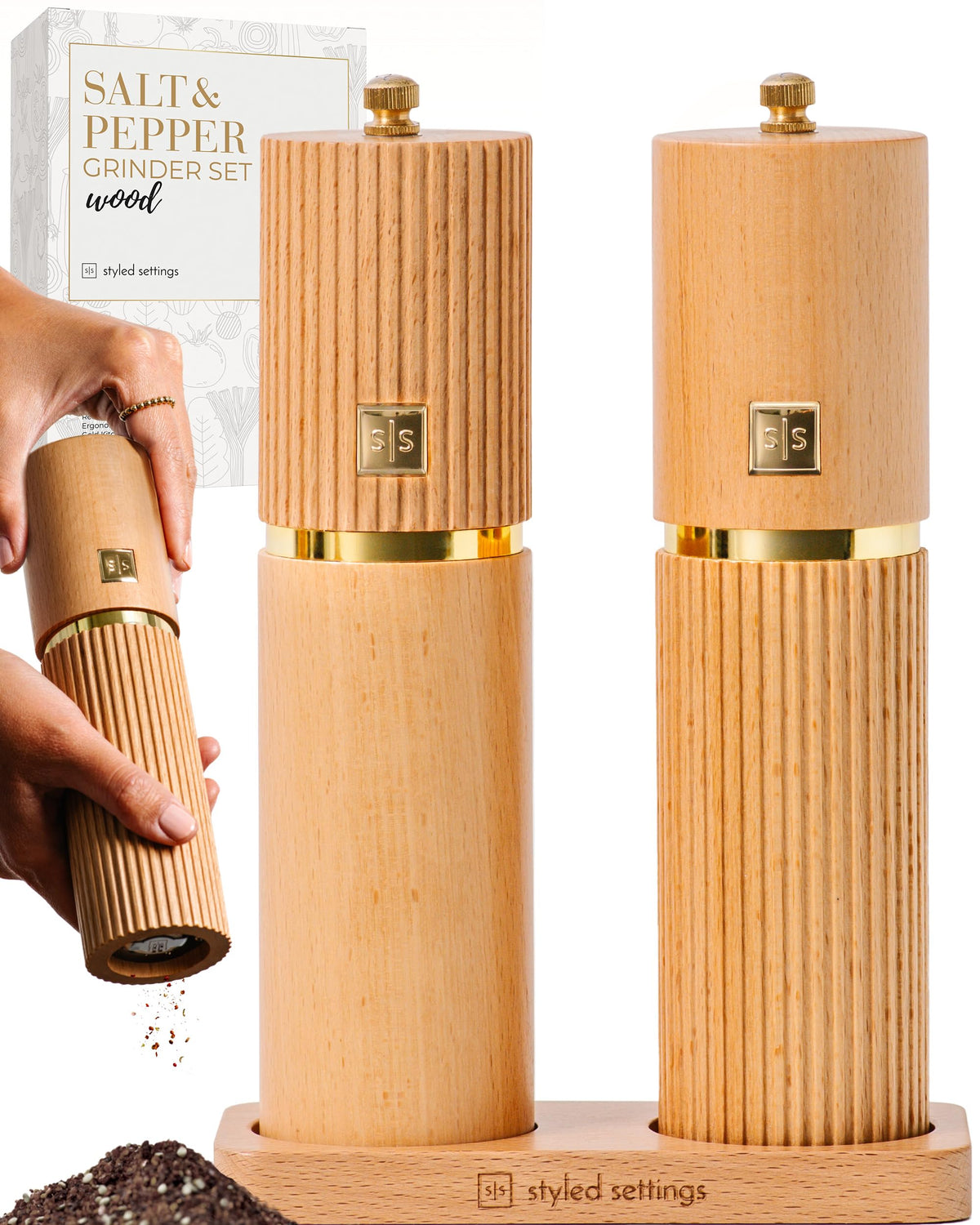Styled Settings Wooden Salt And Pepper Grinder Set With Gold Accents - Refillable Wooden Manual Salt And Pepper Mill Set With Ad