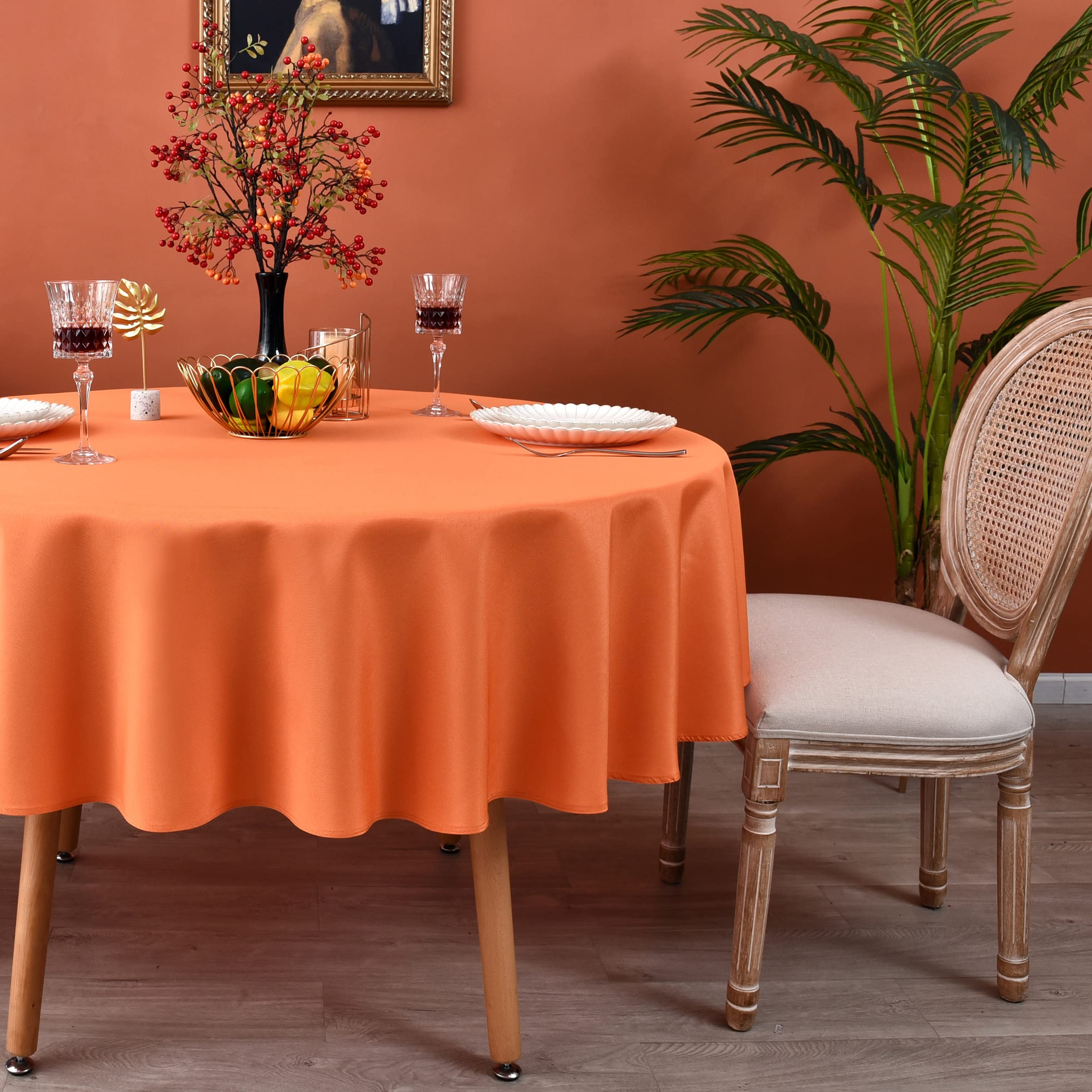 Meanmoy Orange 210 Gsm Water & Stain Resistant Round Tablecloth For Circle Table - Solid 70 Inch Table Cloth Cover In Wrinkle Fr