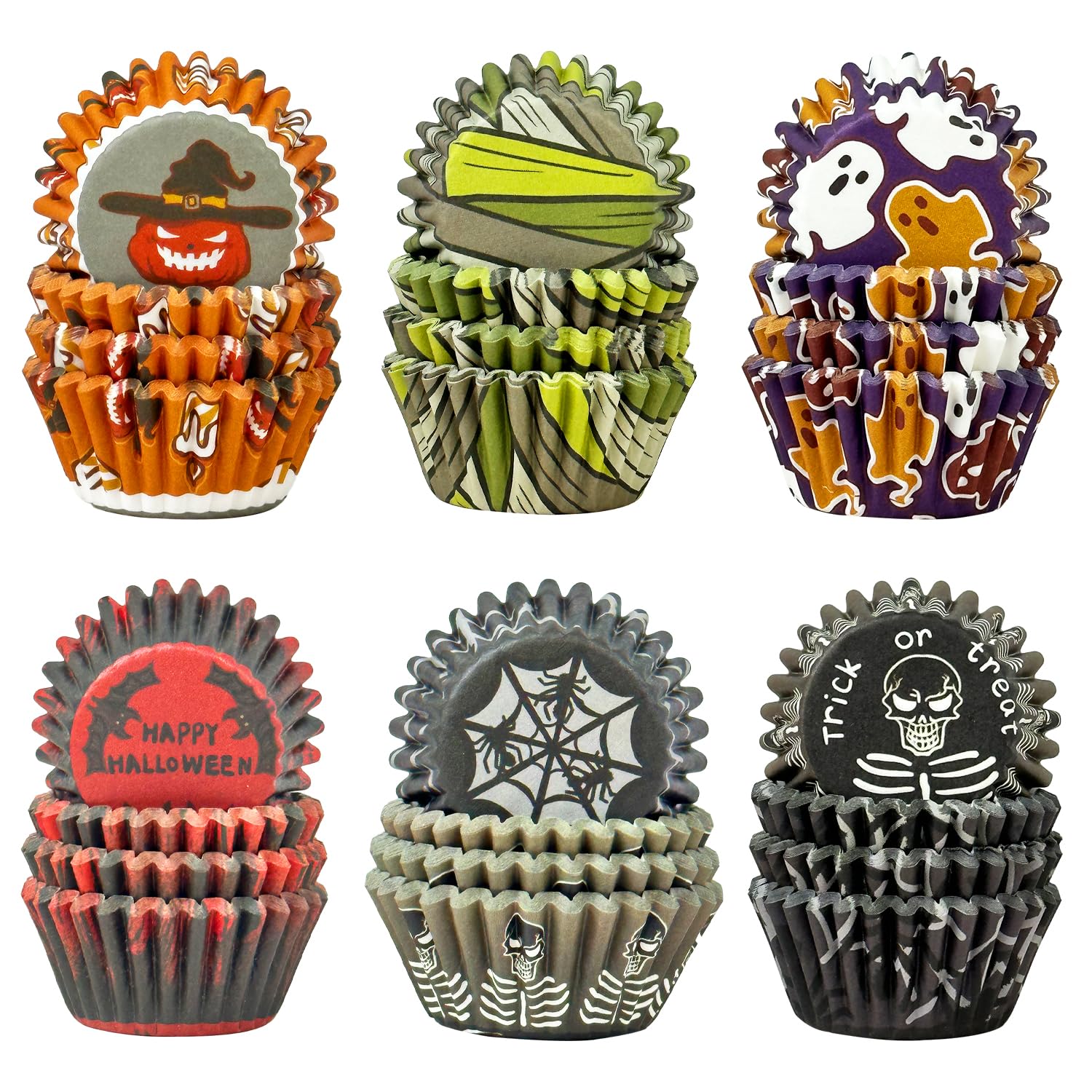 Qiqee Halloween Cupcake Liners Mini Muffin Liners For Halloween 300-Count 6 Original Design No Smell, Food Grade Baking Cups Pap