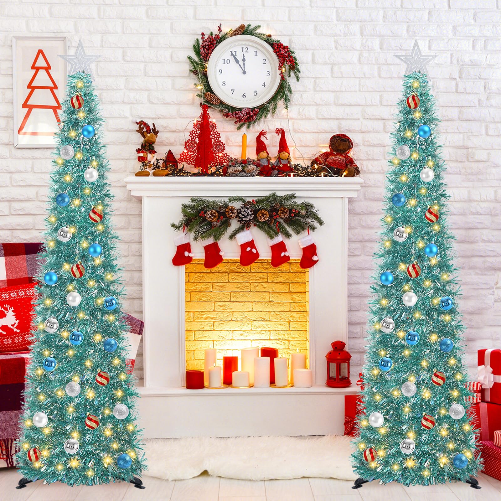 SINTENILL 5 FT Pop Up Christmas Tree with Timer Lights and Decorations, Blue Tinsel Artificial Christmas Tree with 24 Balls Orna