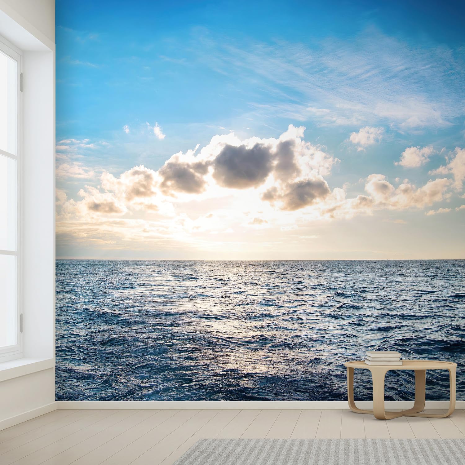 Wall26 With Blue Water, Sky And Clouds. Sunset Above Seascape - Removable Wall Mural | Self-Adhesive Large Wallpaper - 66X96 Inc