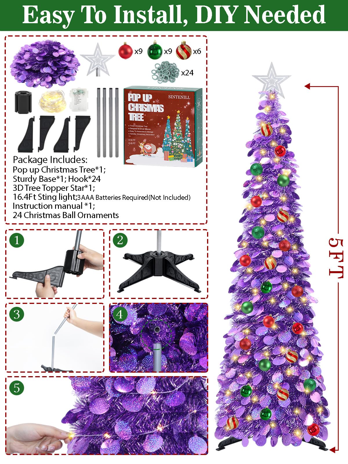 SINTENILL 5 FT Pop Up Christmas Tree with Timer Lights and Decorations, Purple Artificial Tinsel Christmas Tree with 24 Ball Orn