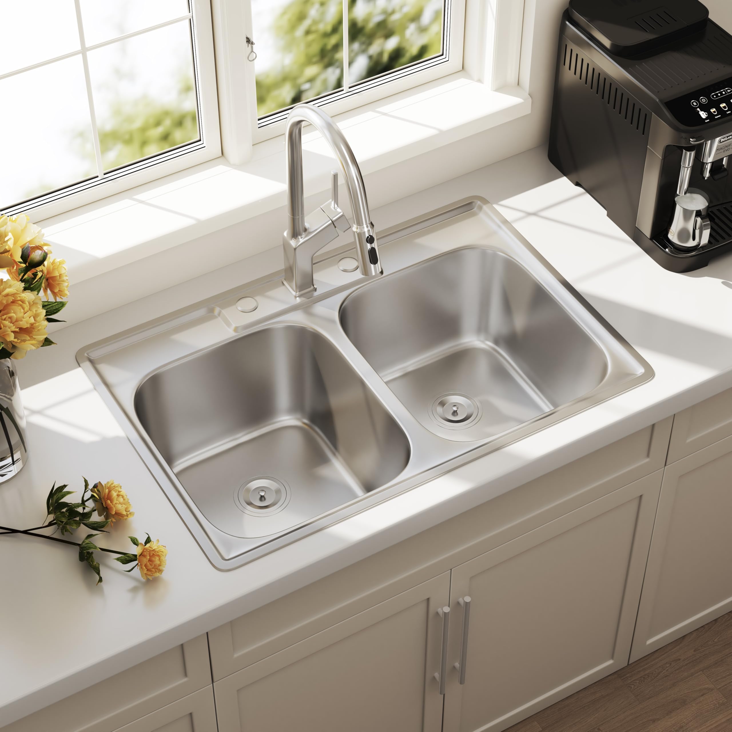 Blenzia 33 Inch Double Bowl Kitchen Sink Topmount 50/50 Drop In 18 Gauge 304 Stainless Steel Sinks With Basket Strainer 33    X