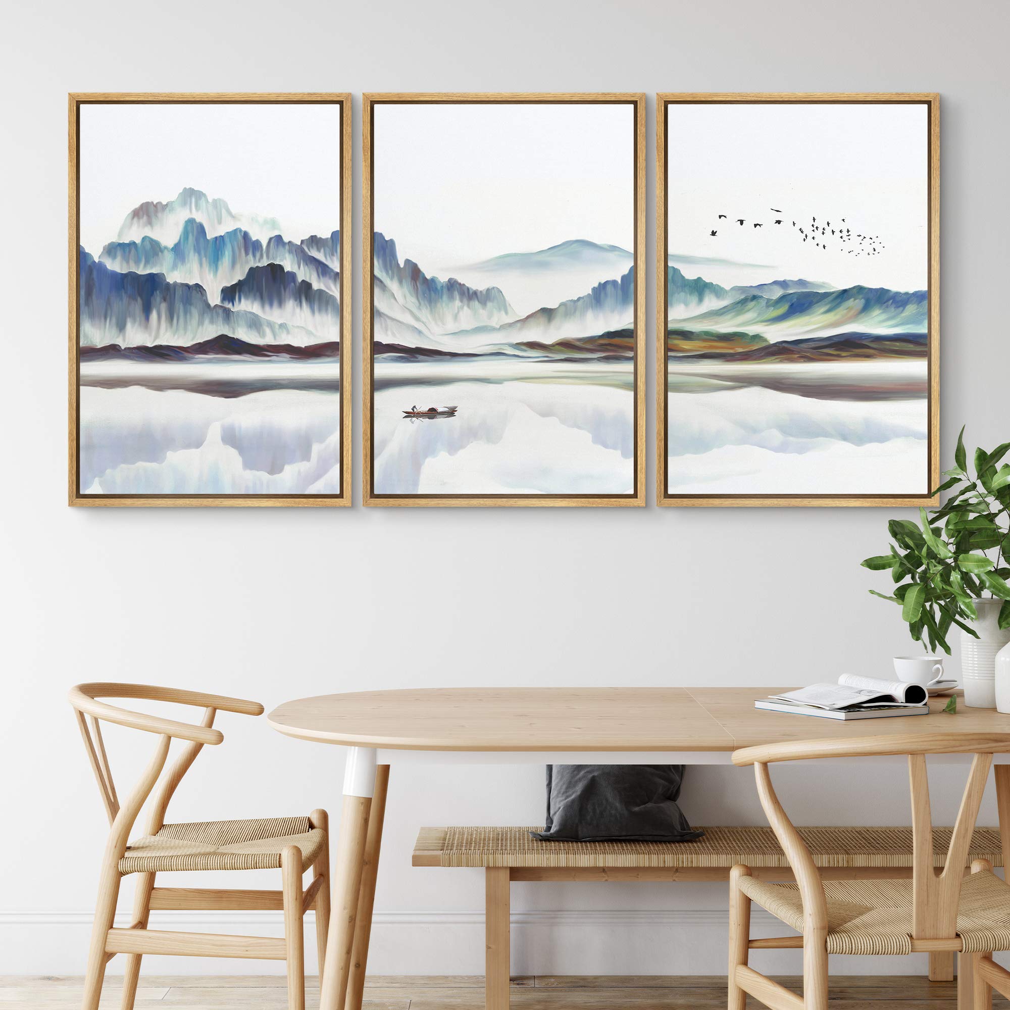 Nwt Framed Wall Art Print Set Watercolor Mountain Landscape With Boat Nature Wilderness Illustrations Modern Art Rustic Colorful