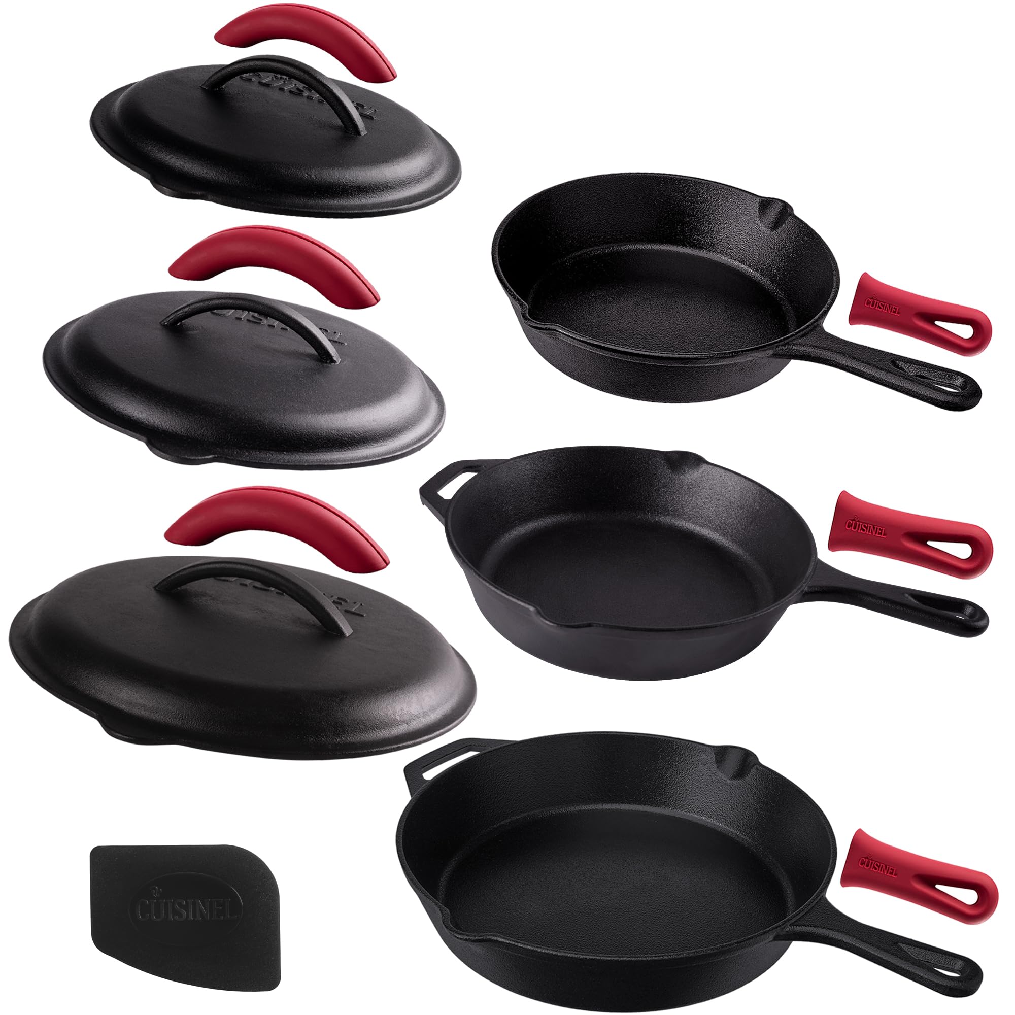 Cuisinel Cast Iron Skillets Set With Lids - 8''+10''+12''-Inch Pre-Seasoned Covered Frying Pan Set + Silicone Handle And Lid Hol