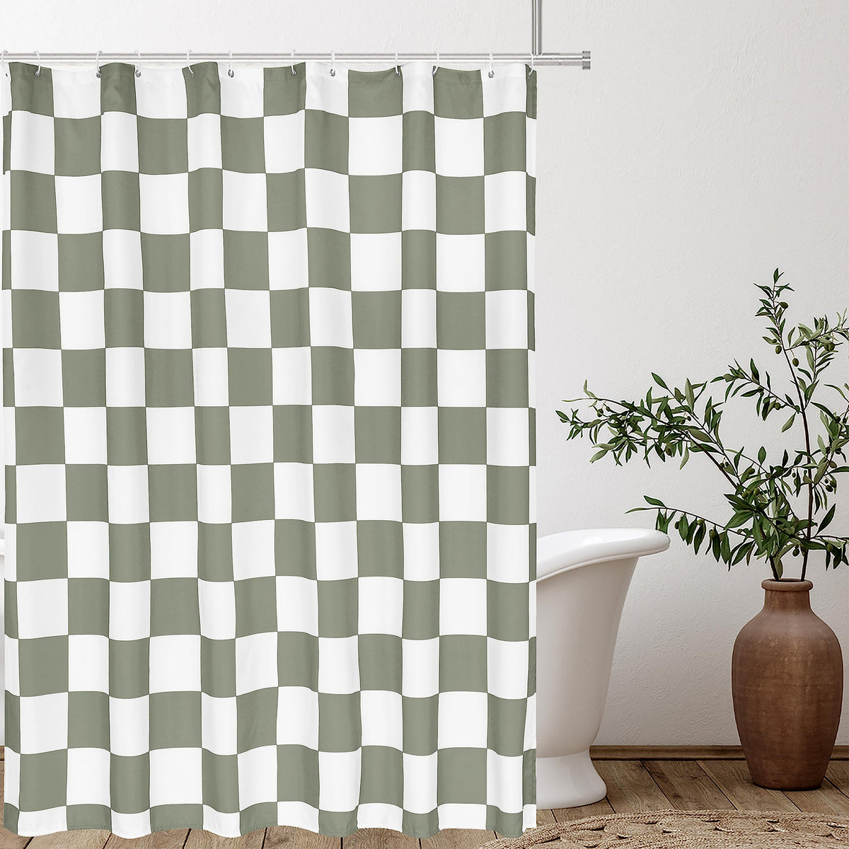 Tititex Aesthetic Checkerboard Grid Pattern Shower Curtain, White Sage Green Modern Shower Curtain Sets Decoration 71X71 Inch Wi