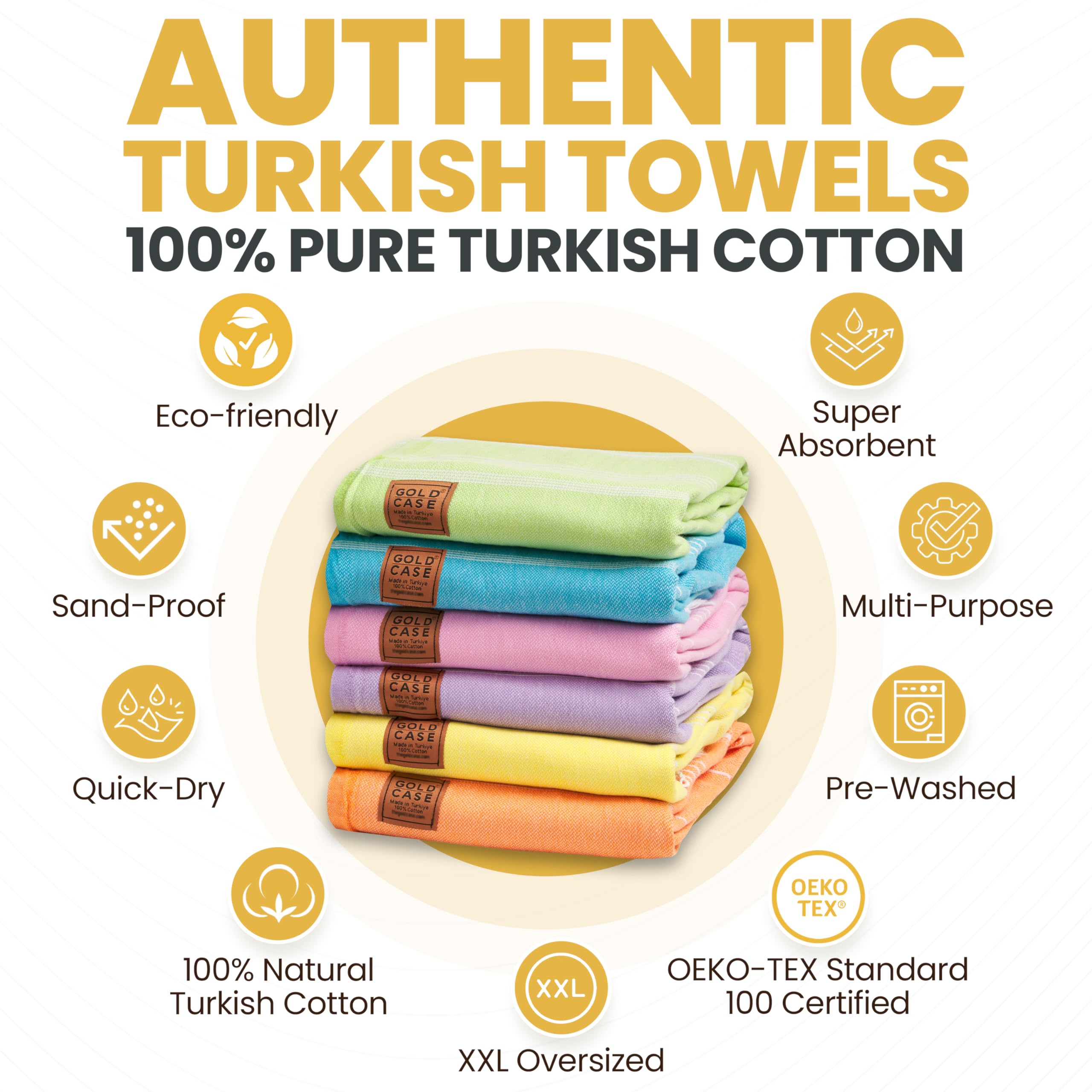 Gold Case Turkish Beach Towel Set Of 6-100% Cotton Beach Towels Oversized 70 X 38''- Lycia Extra Large Beach Towels - Quick Dry